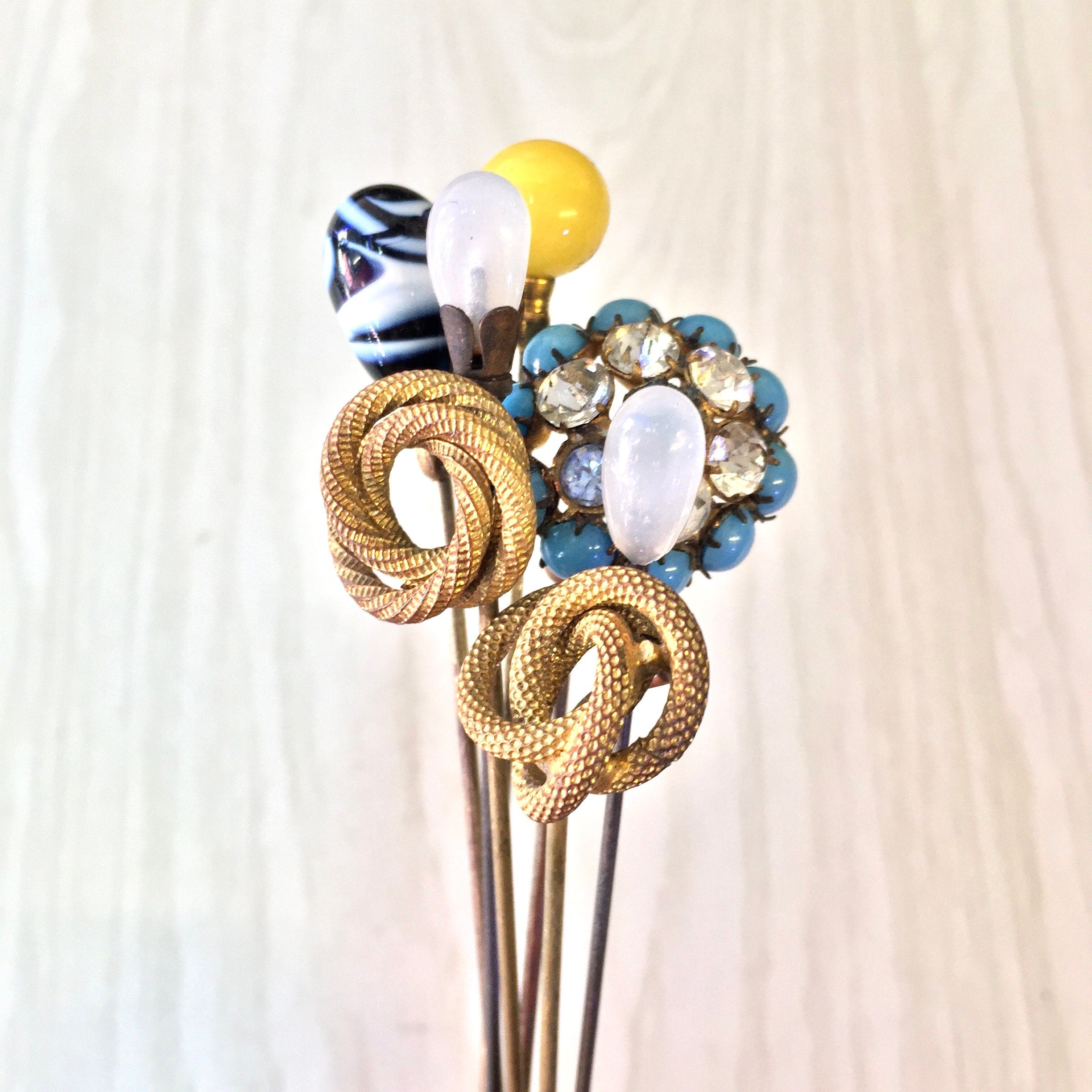 Vintage Hat Pins, Lot of Hat Pins, Large Hat Pins, Stick Pins, Scarf Pins, Blue, Yellow, Gold, Black, White, Gold, Collectible, Gift for Mom