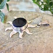 Vintage Silver Pendant, Sterling Silver, Vintage Jewelry, Black Onyx, Sun Pendant, Vintage Necklace, Sun Shape, Black Jewelry, 925, Round