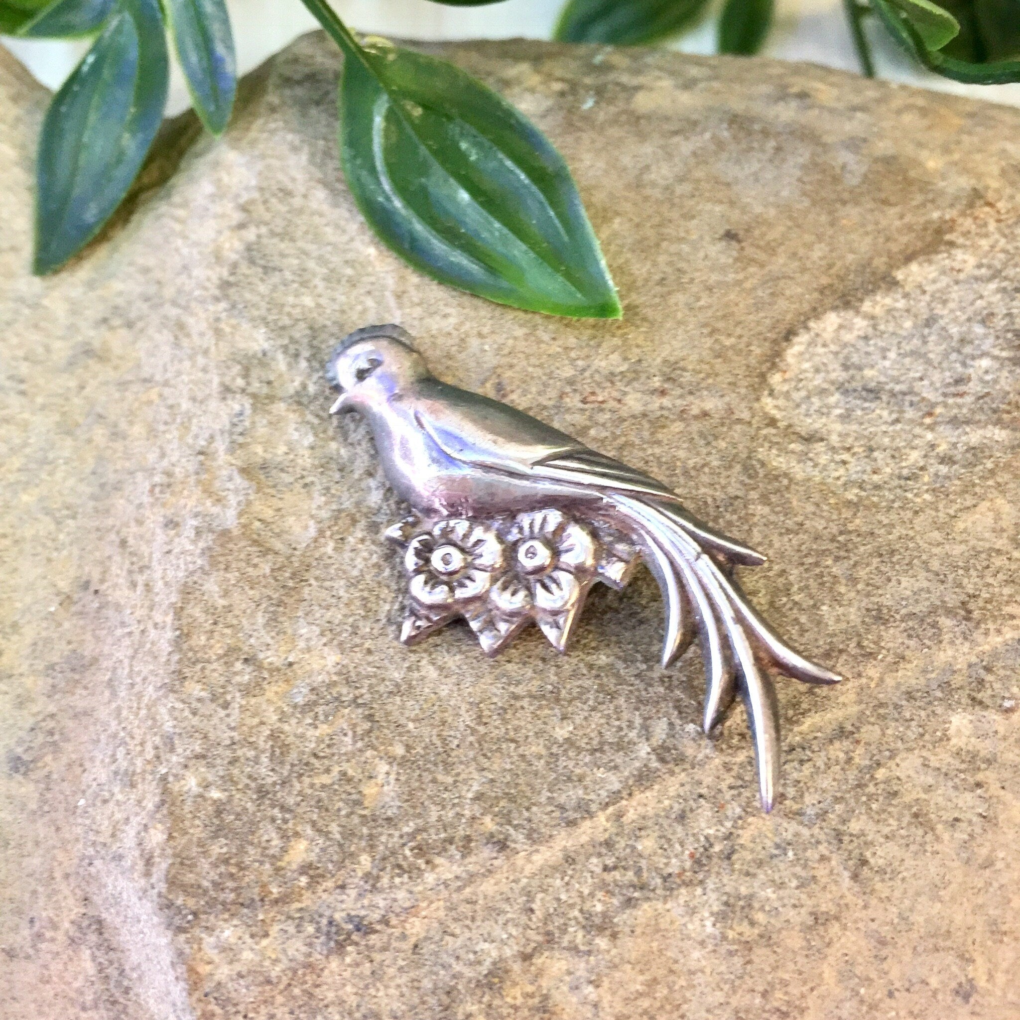 Vintage Silver Brooch, Sterling Silver, Vintage Jewelry, Bird Pin, Flower Pin, Small Brooch, Gift for Mom, Mothers Day Gift, Bird Jewelry