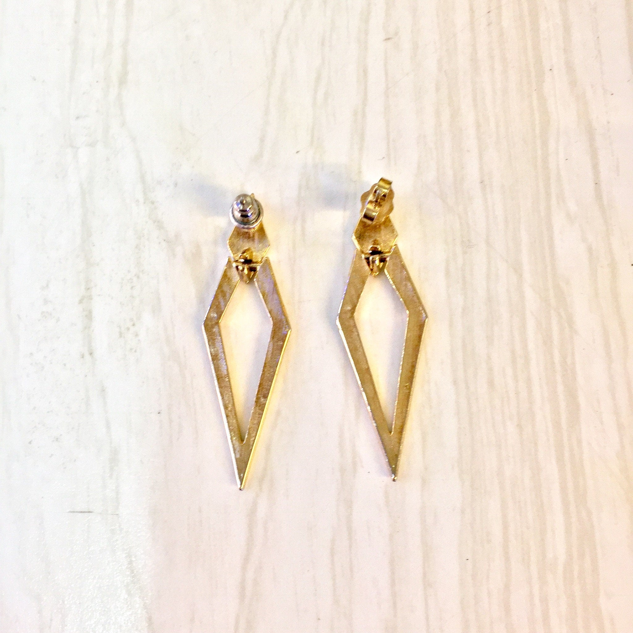 Vintage Earrings, Gold Earrings, Gold Tone Earrings, Geometric Earrings, Retro Jewelry, Vintage Jewelry, Triangle, Diamonds, Costume Jewelry