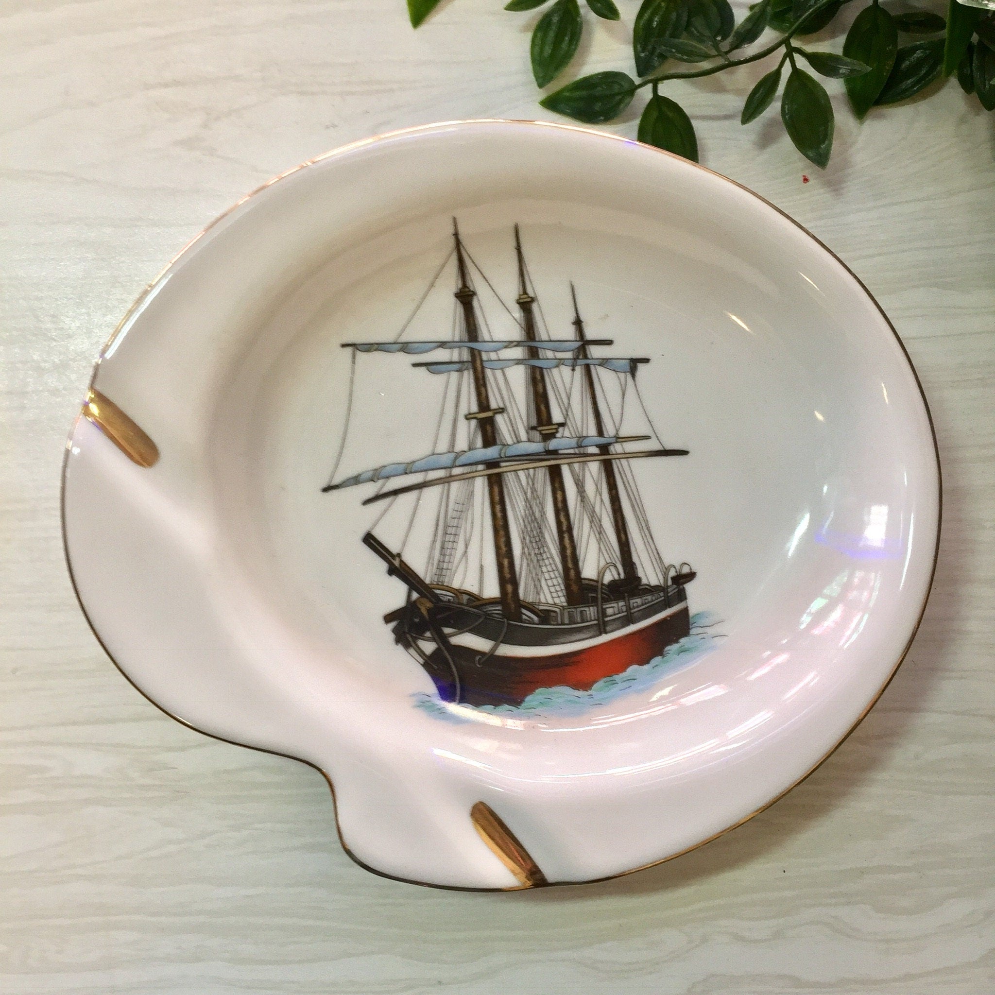Vintage Ashtray, Vintage Home Decor, Sailboat Ashtray, Sailboat Decor, Boats, Catch All Dish, Trinket Dish, Ring Dish, Gold Trim, Ashtray