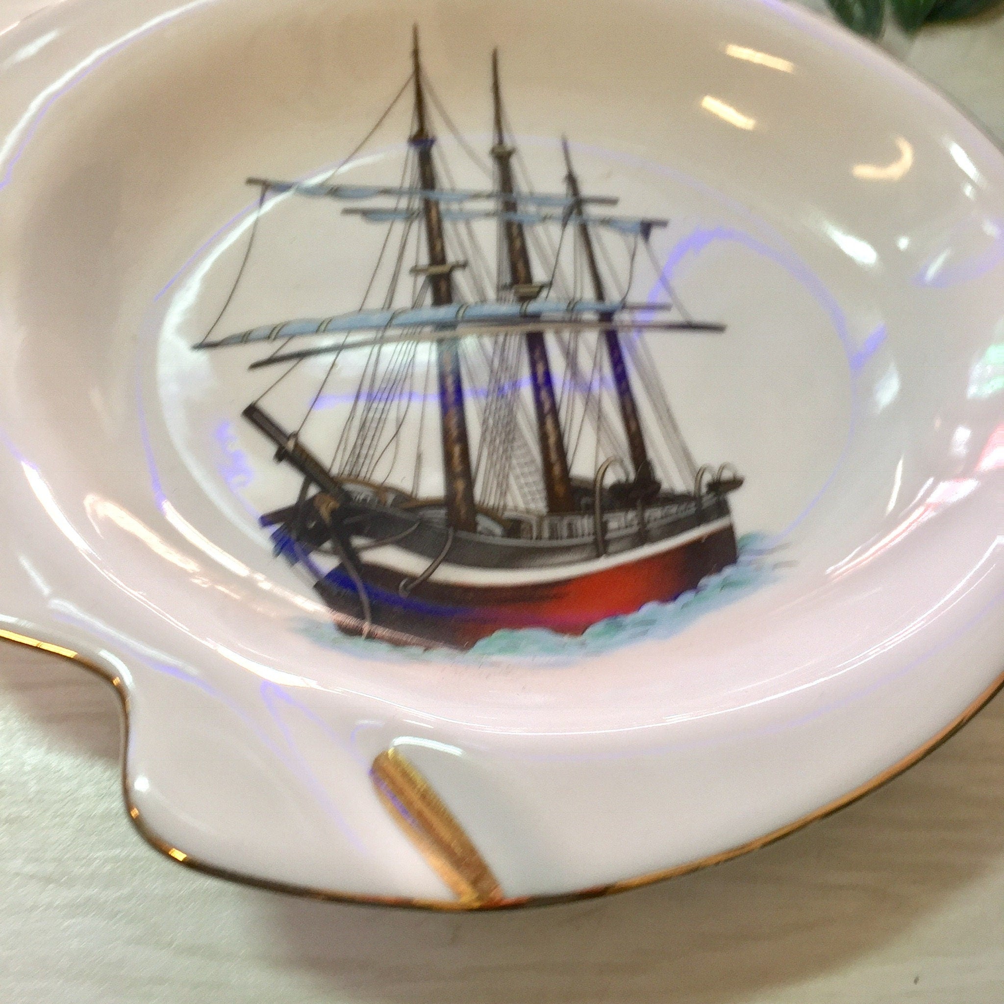 Vintage Ashtray, Vintage Home Decor, Sailboat Ashtray, Sailboat Decor, Boats, Catch All Dish, Trinket Dish, Ring Dish, Gold Trim, Ashtray