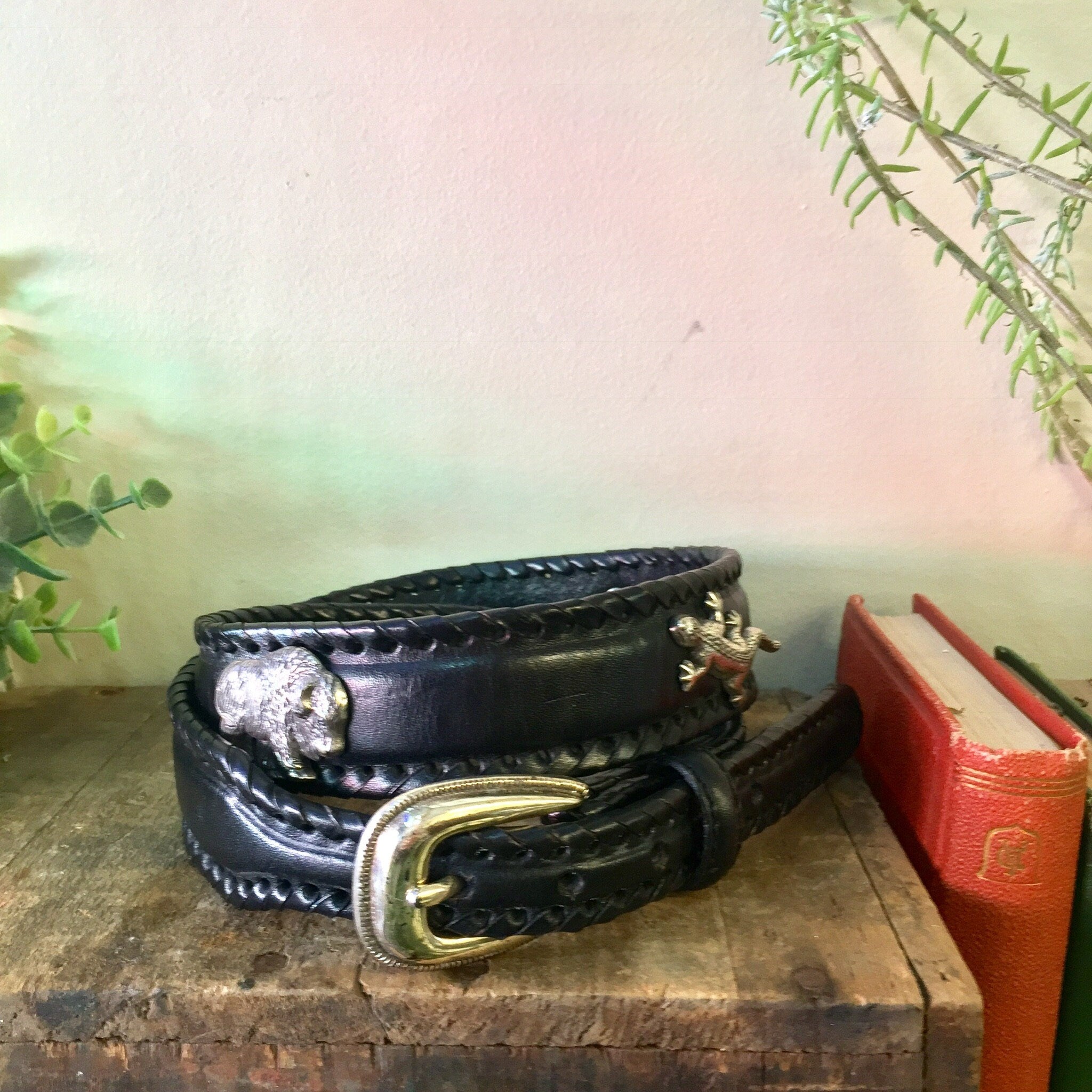 Vintage Brighton Belt, Black Leather Belt, Animal Belt, Silver Tone, Vintage Belt, Vintage Accessories, Lion, Alligator, Lizard, Buffalo