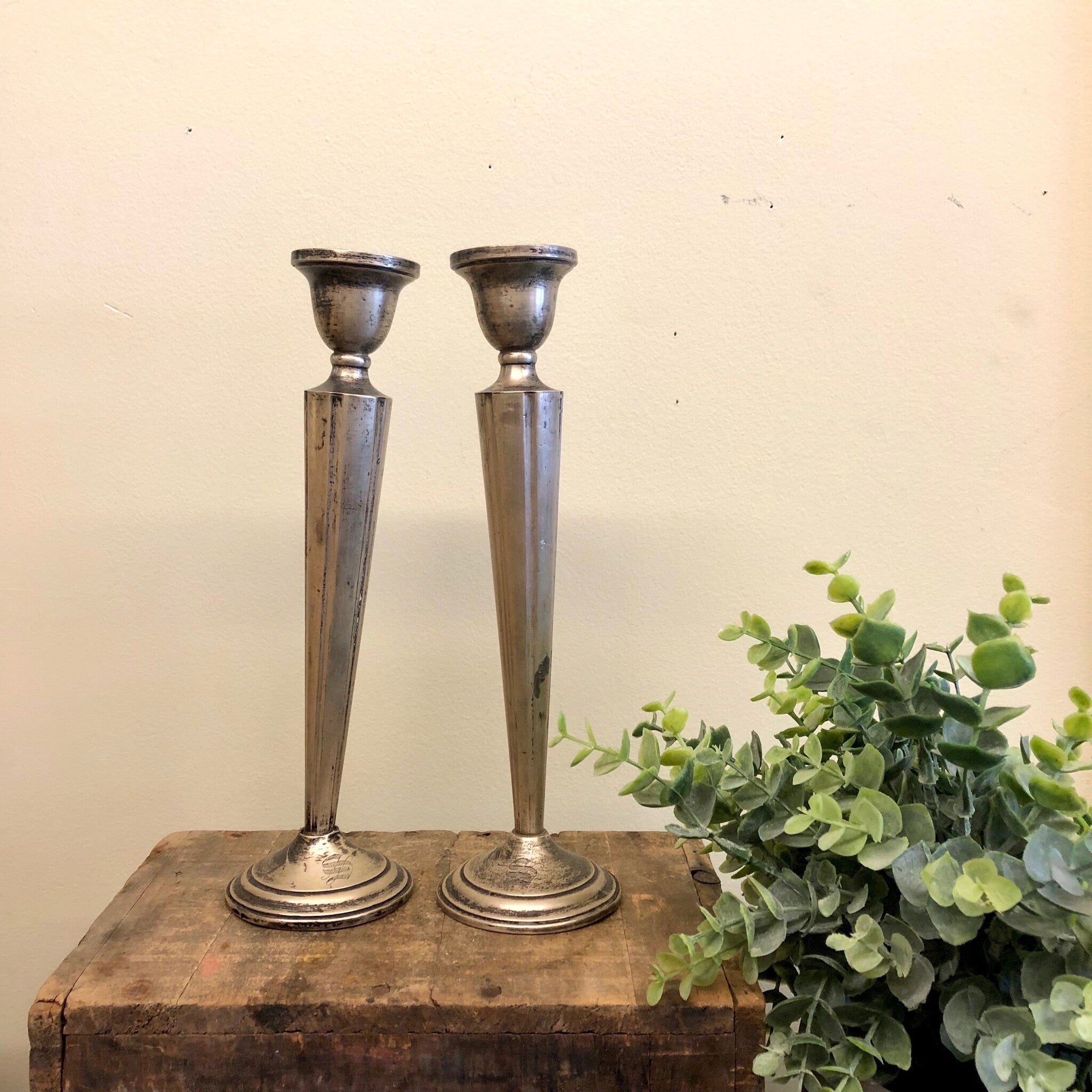 Vintage Candlesticks, Vintage Home Decor, Sterling Silver, Silver Tone, Monogram with S, Monogrammed Decor, Pair of Candlesticks