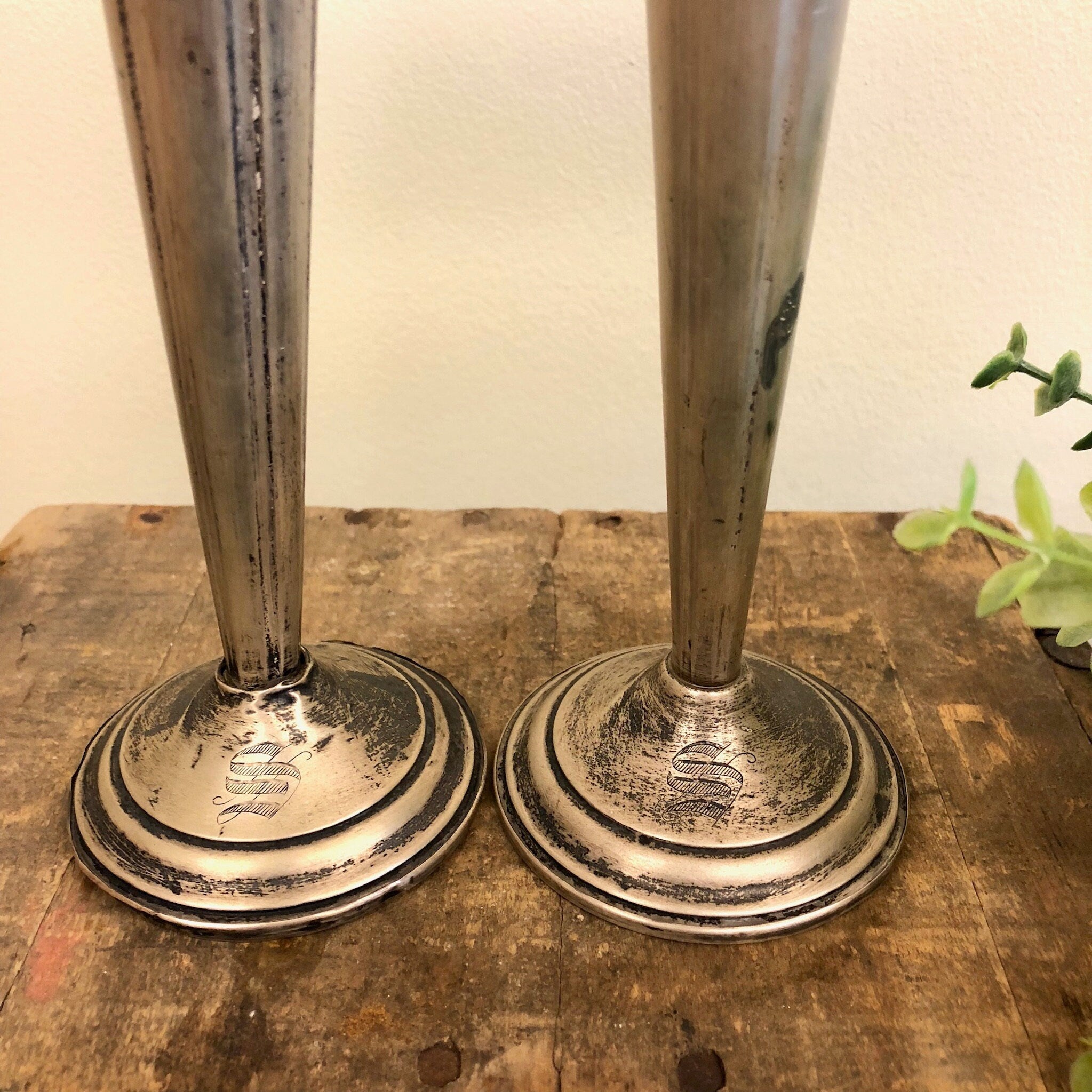 Vintage Candlesticks, Vintage Home Decor, Sterling Silver, Silver Tone, Monogram with S, Monogrammed Decor, Pair of Candlesticks