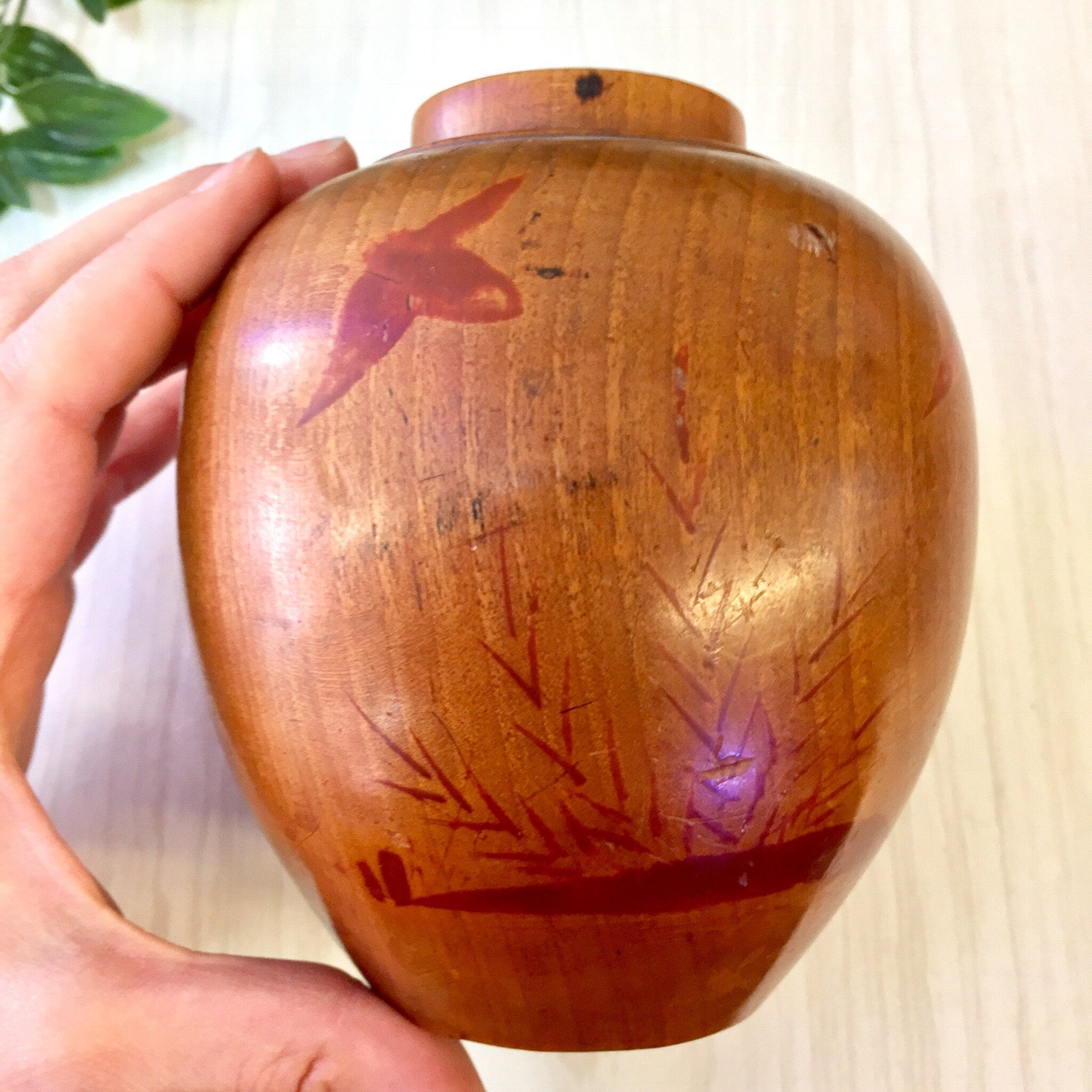 Vintage Wooden Jar, Vintage Home Decor, Wood Container, Lidded Container, Painted Wood, Carved Wood, Wooden Urn, Brown, Red, Birds, Gift