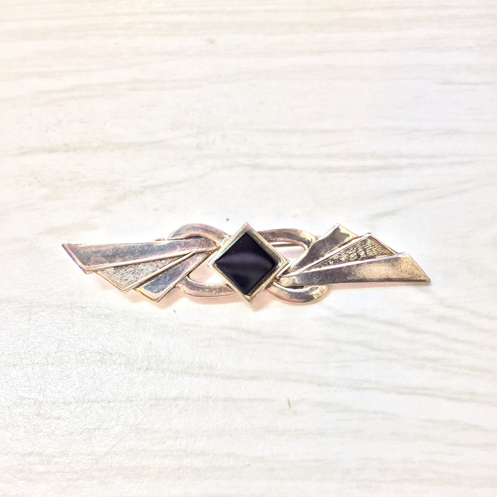 Vintage Silver Brooch, Sterling Silver, Vintage Jewelry, Black Onyx, Vintage Brooch, Pin, Abstract Design, Art Deco Pin, Gift for Mom,