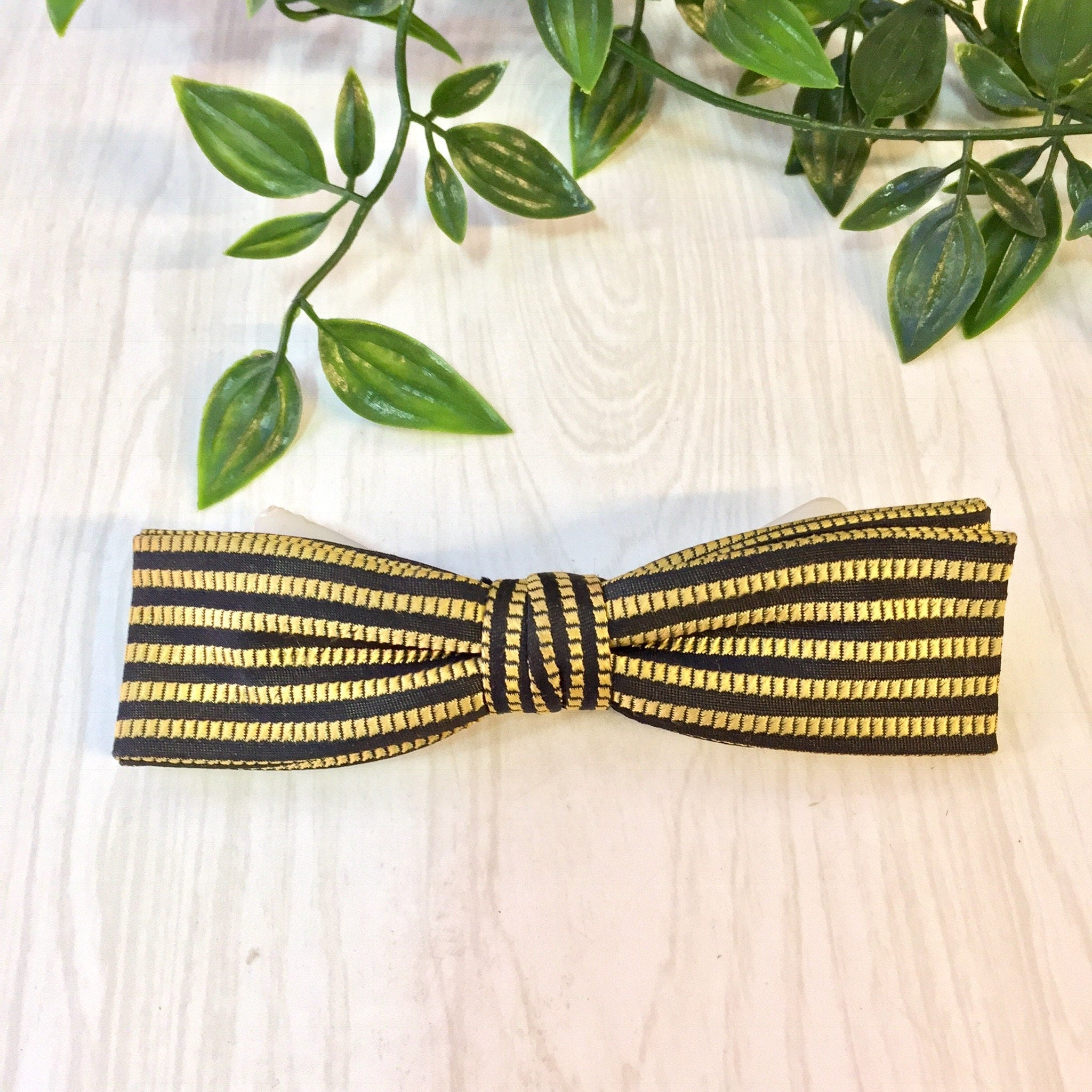 Vintage Bowtie, Vintage Accessories, Vintage Menswear, Suit and Tie, Clip On Bowtie, Bowties, Black, Yellow, Striped Bowtie, Gift for Dad,