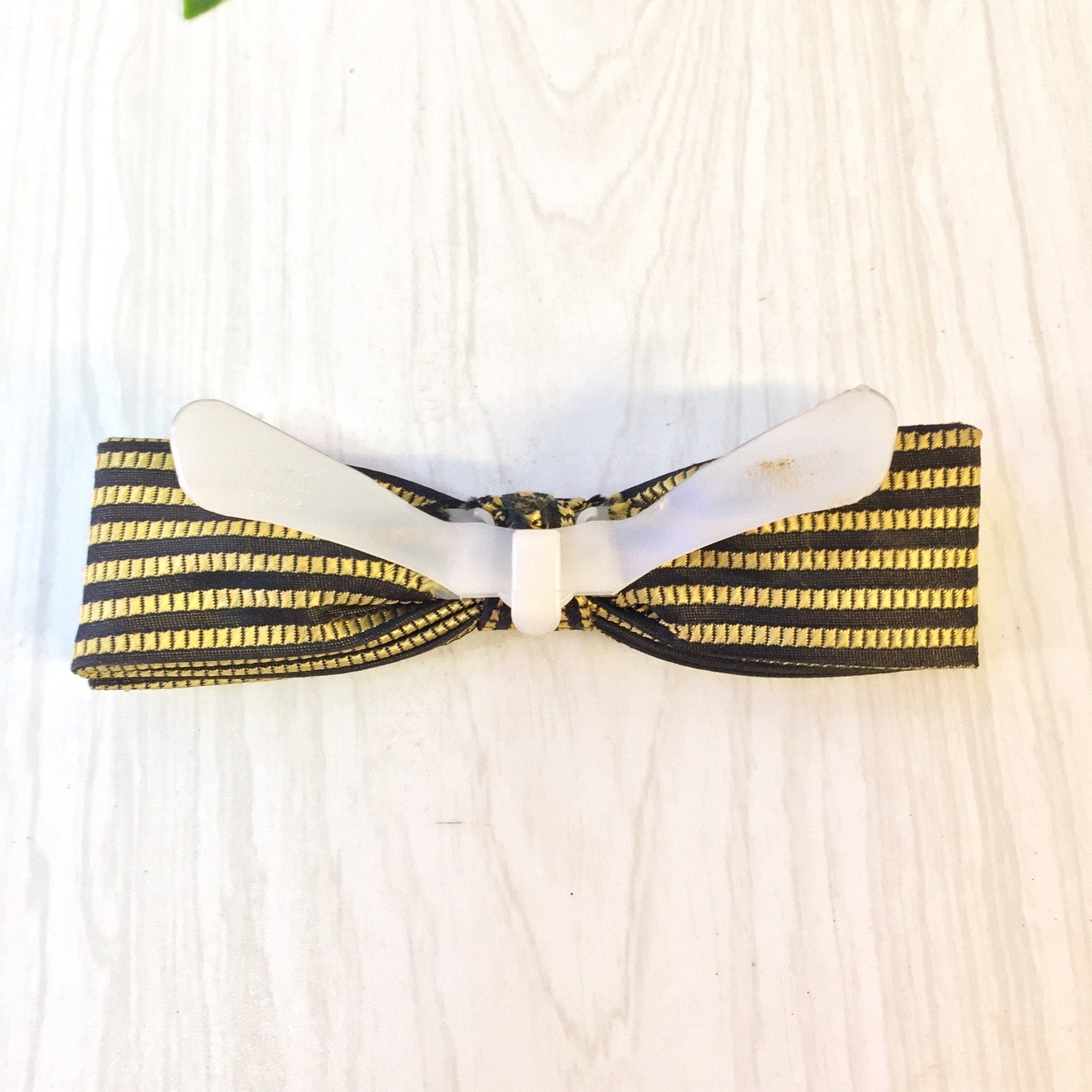 Vintage Bowtie, Vintage Accessories, Vintage Menswear, Suit and Tie, Clip On Bowtie, Bowties, Black, Yellow, Striped Bowtie, Gift for Dad,
