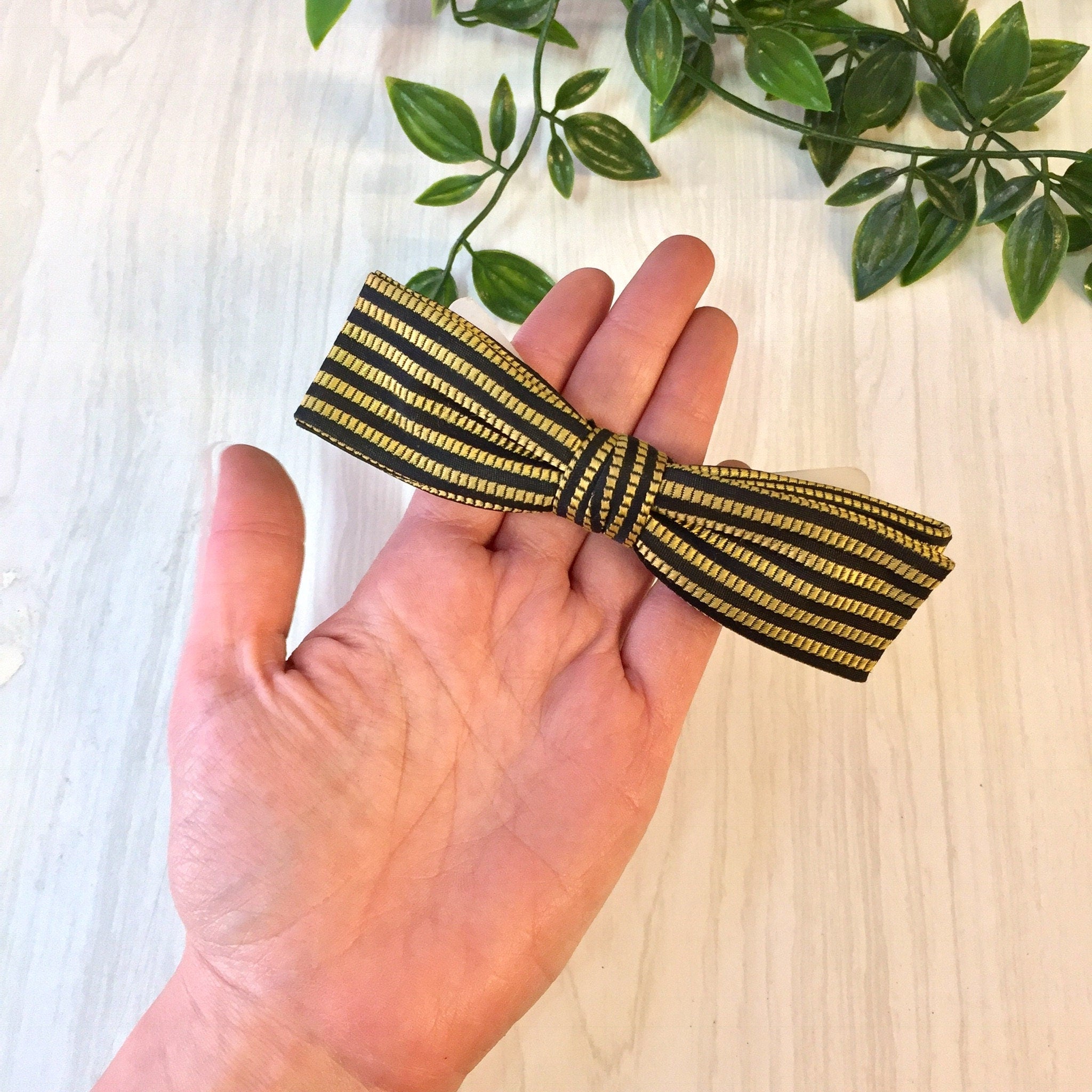 Vintage Bowtie, Vintage Accessories, Vintage Menswear, Suit and Tie, Clip On Bowtie, Bowties, Black, Yellow, Striped Bowtie, Gift for Dad,
