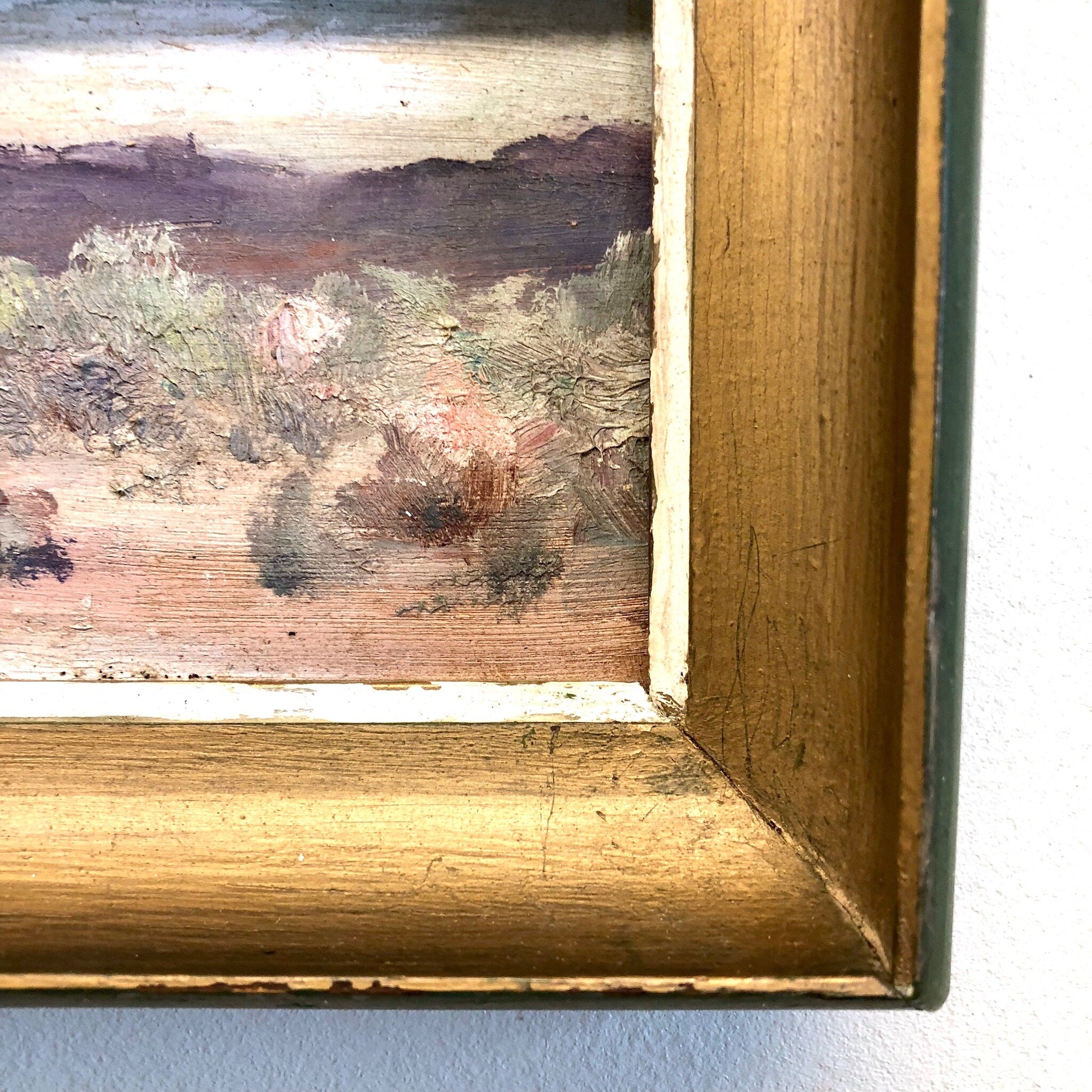 Framed Art, Vintage Art, Oil Painting, Vintage Painting, Scenic Painting, Gold, Green, Desert Painting, Landscape Art, Small Painting,