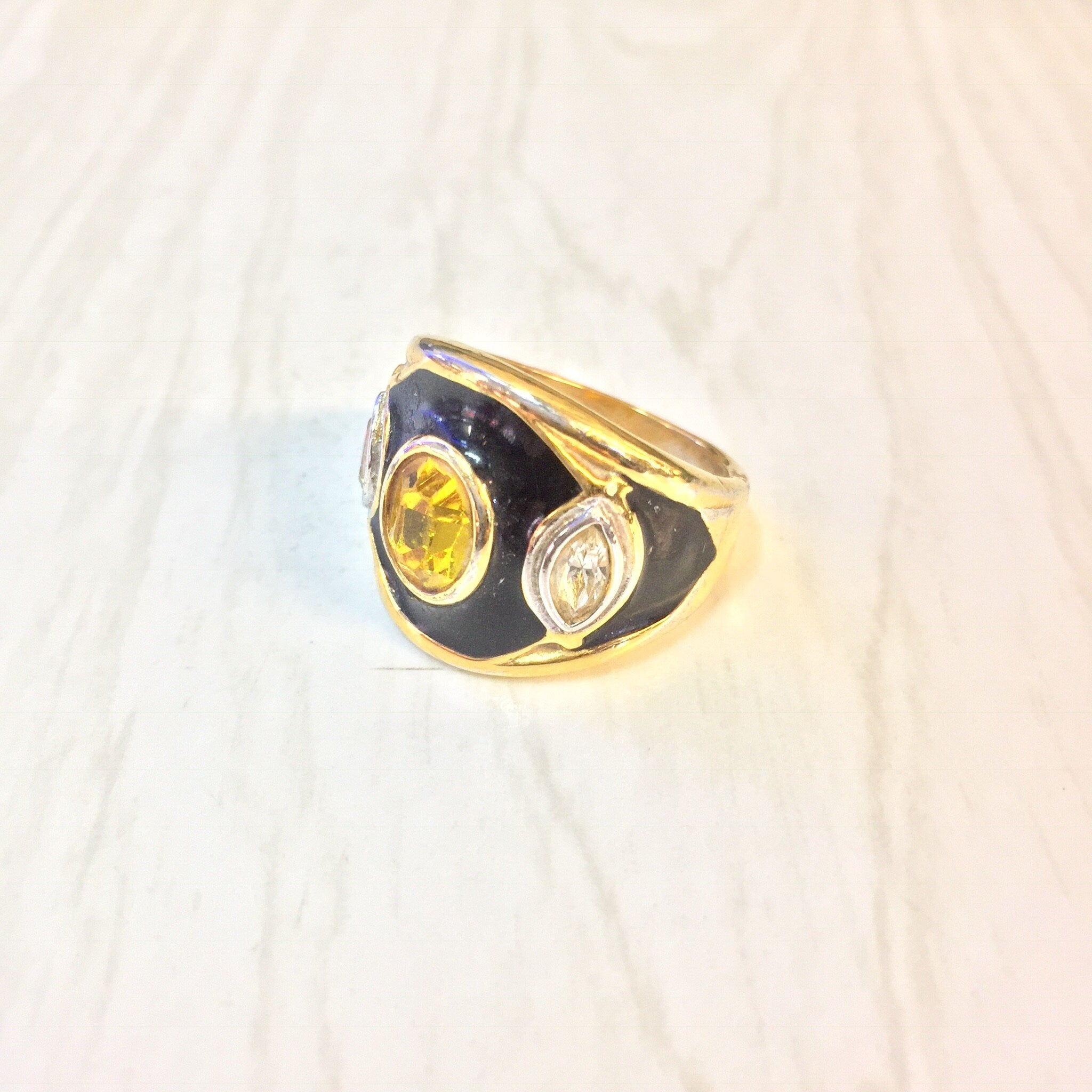 Vintage Gold Ring, Gold Tone Ring, Costume Jewelry, Black and Gold, Yellow Stone, Vintage Jewelry, Statement Ring, Cocktail Ring, Fashion