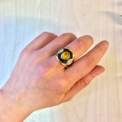 Vintage Gold Ring, Gold Tone Ring, Costume Jewelry, Black and Gold, Yellow Stone, Vintage Jewelry, Statement Ring, Cocktail Ring, Fashion