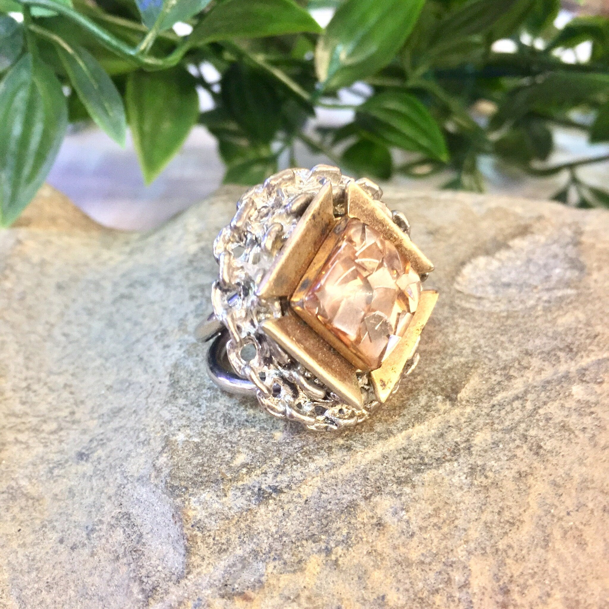 Vintage Silver Ring, Silver Tone Ring, Costume Jewelry, Cocktail Ring, Statement Ring, Big Ring, Double Band Ring, Pink, Silver, Gold, Rose