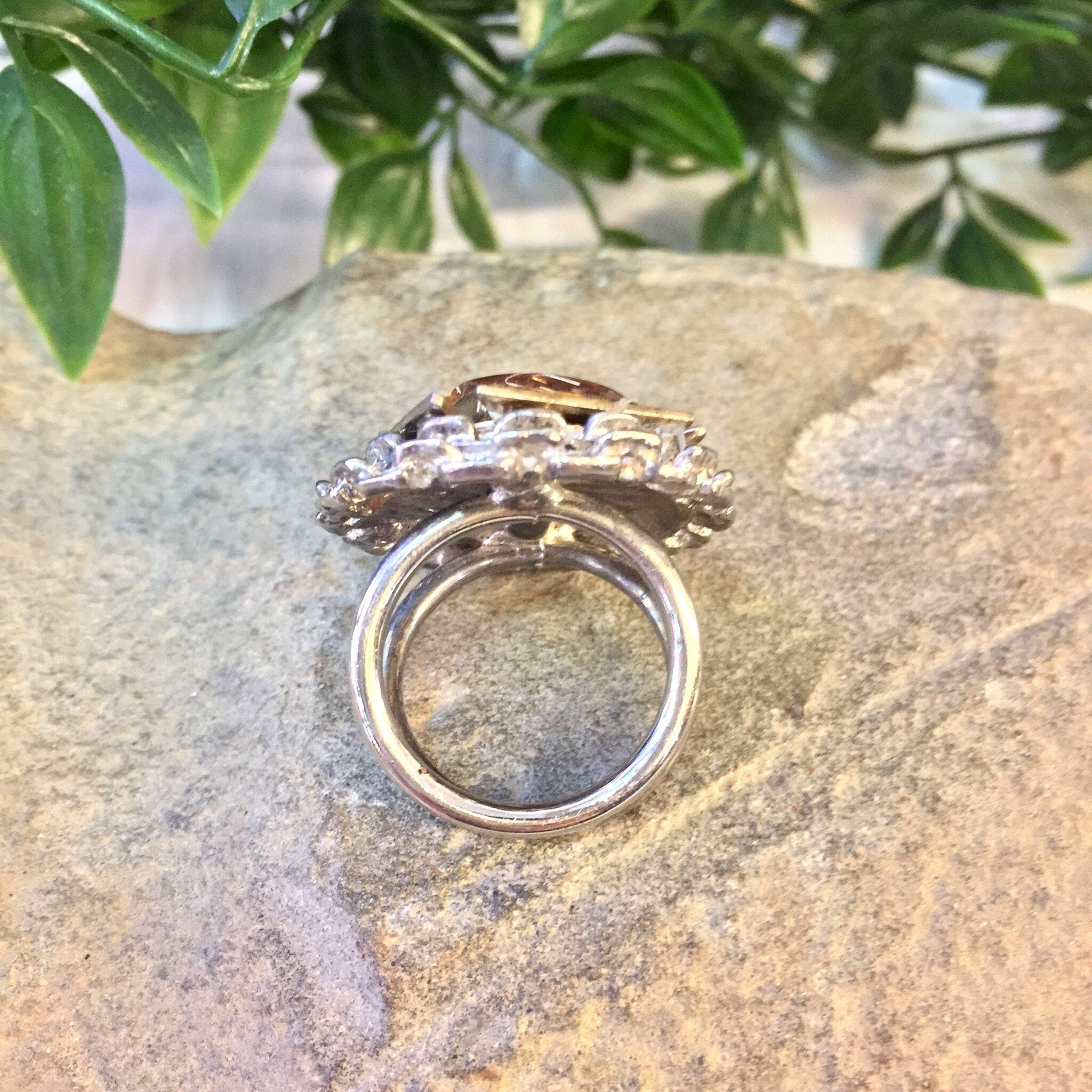 Vintage Silver Ring, Silver Tone Ring, Costume Jewelry, Cocktail Ring, Statement Ring, Big Ring, Double Band Ring, Pink, Silver, Gold, Rose