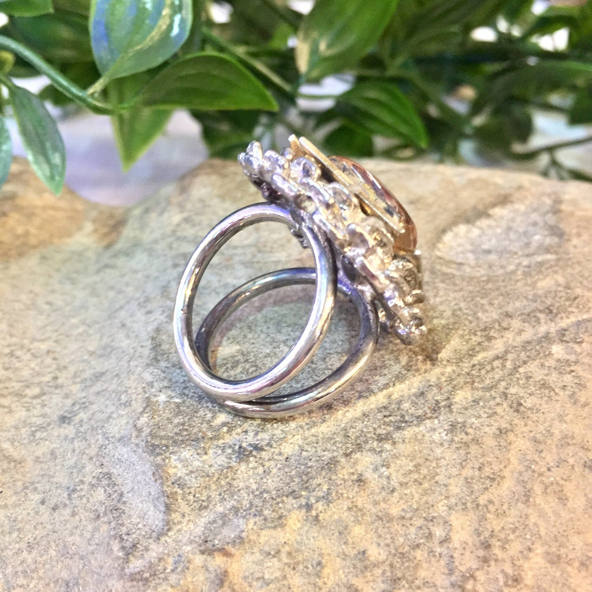 Vintage Silver Ring, Silver Tone Ring, Costume Jewelry, Cocktail Ring, Statement Ring, Big Ring, Double Band Ring, Pink, Silver, Gold, Rose