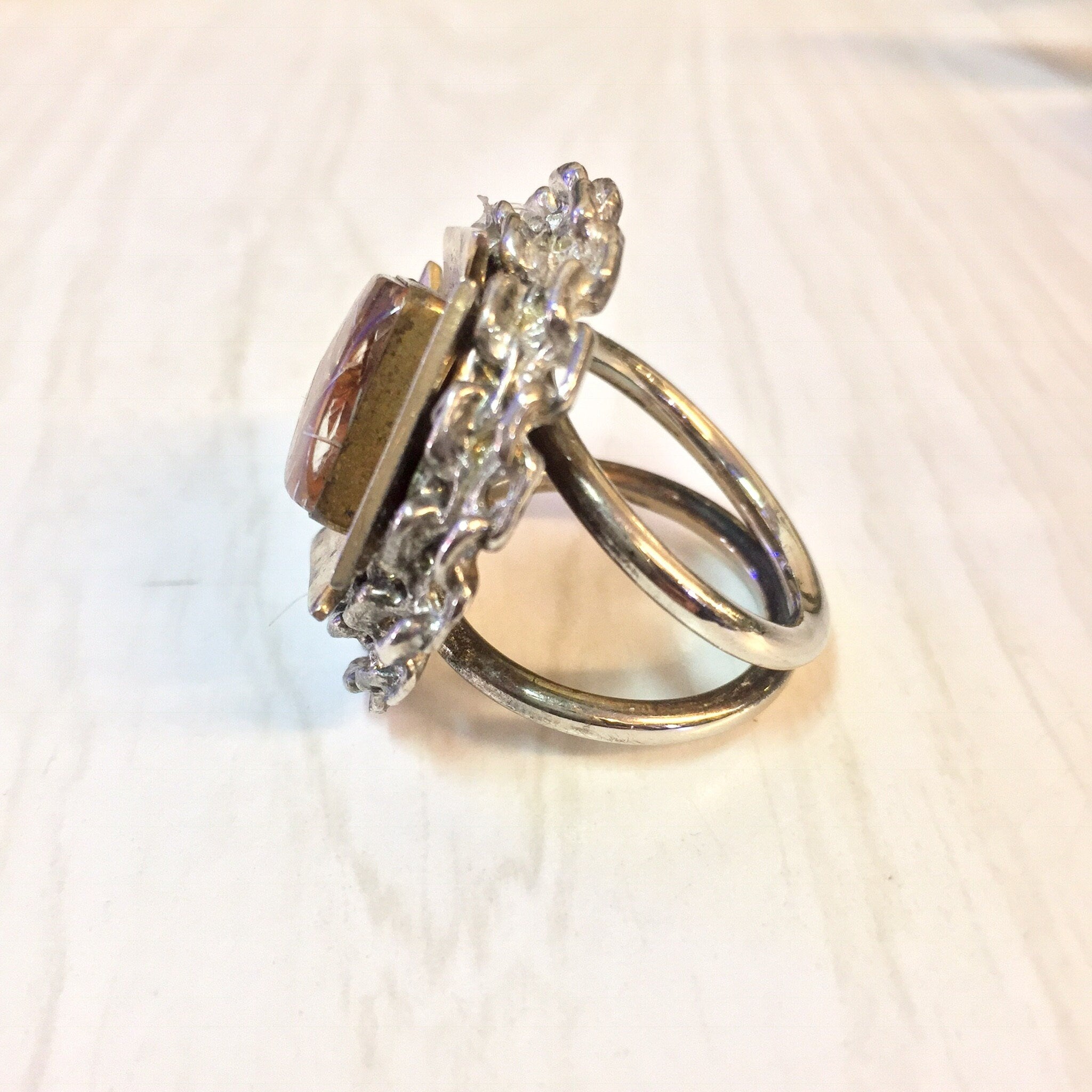 Vintage Silver Ring, Silver Tone Ring, Costume Jewelry, Cocktail Ring, Statement Ring, Big Ring, Double Band Ring, Pink, Silver, Gold, Rose