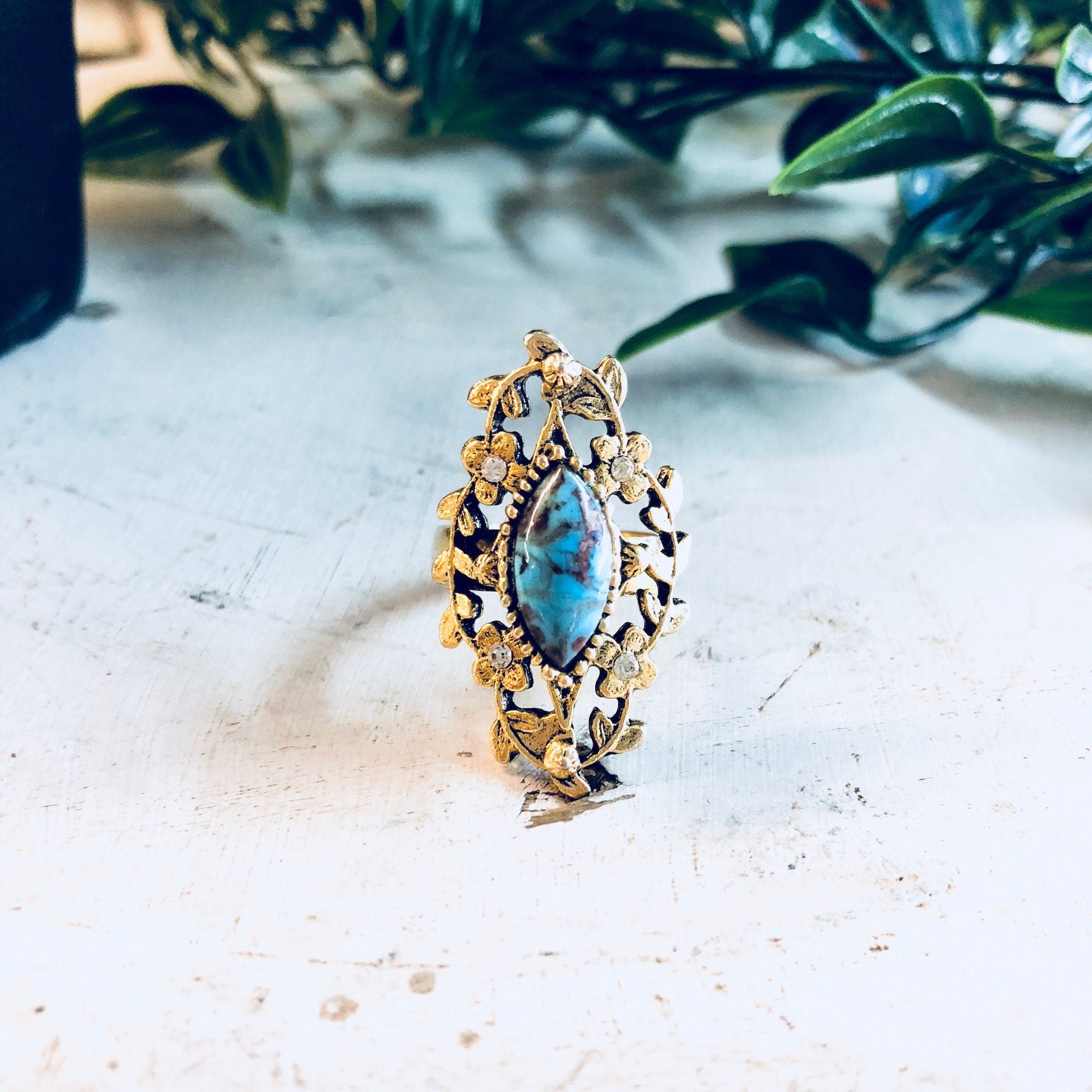 Vintage Ring, Gold Toned Ring, Vintage Jewelry, Adjustable Ring, Blue, Purple, Costume Jewelry, Flower Ring, Ornate Ring, Statement Jewelry