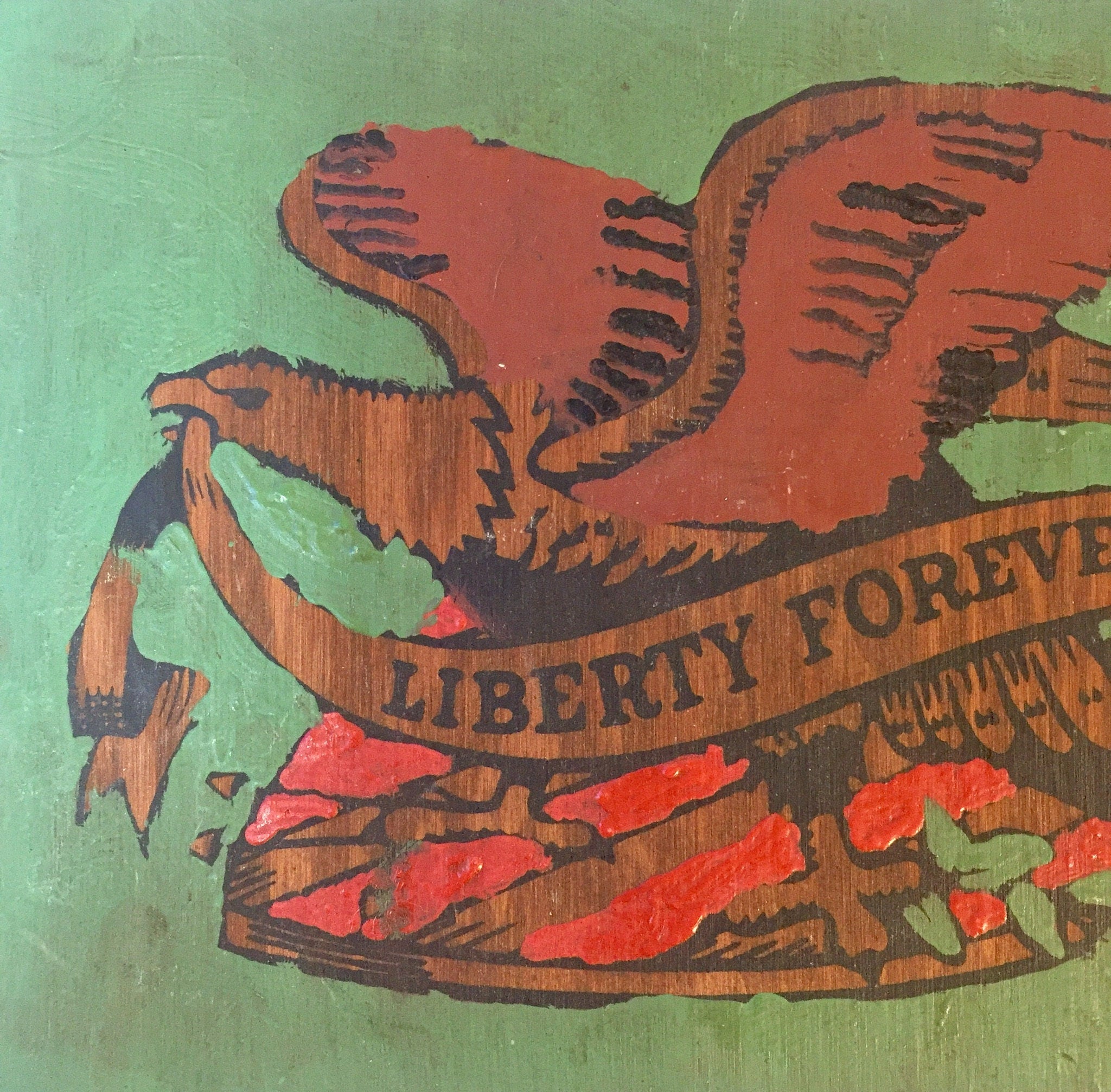 Vintage Wall Hanging, Liberty Forever, Eagle Painting, Liberty Painting, Green, Red, Painting on Wood, Brown, Wood Painting, Handmade