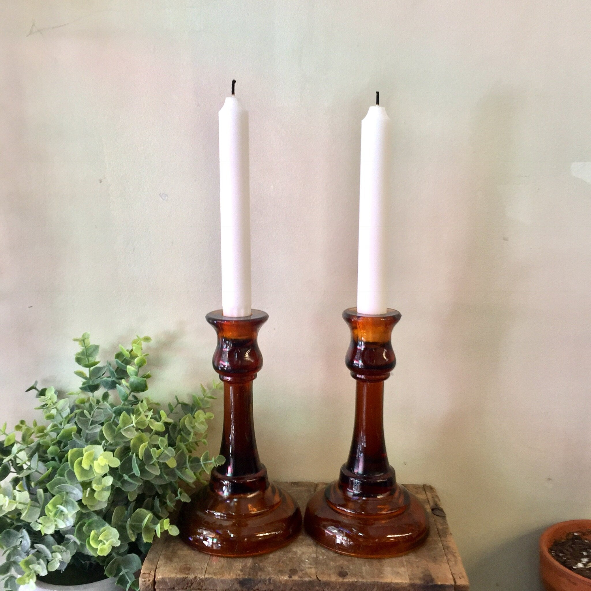 Vintage Glass Candlesticks, Amber Glass, Brown Glass, Candlesticks, Candlestick Holders, Amber Candlesticks, Vintage Glass, Vintage Lighting