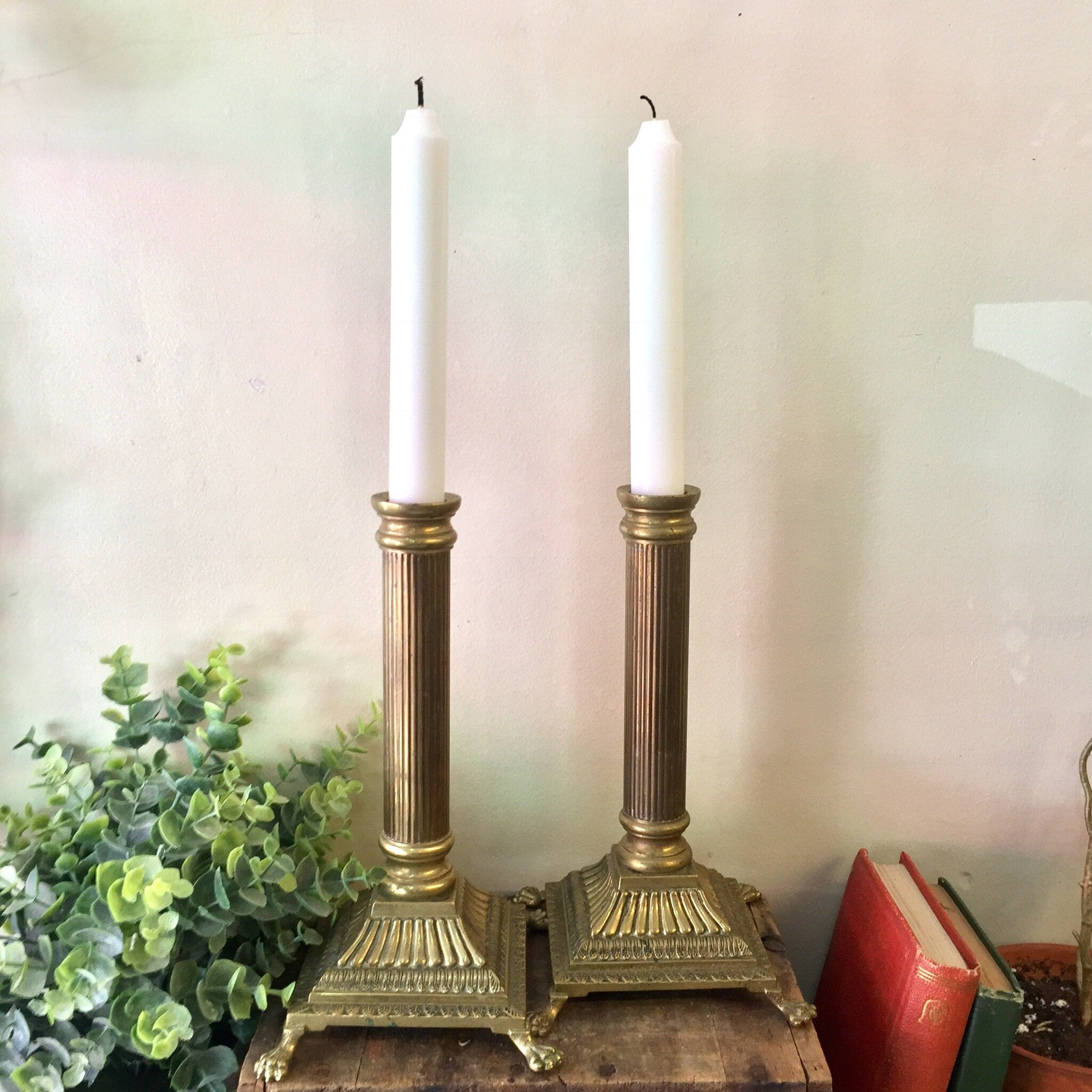 Vintage Candlesticks, Brass Candlesticks, JAL Brass, Portugal Bras, Claw Foot, Pillar Candlesticks, Portuguese Brass, Vintage Home Decor