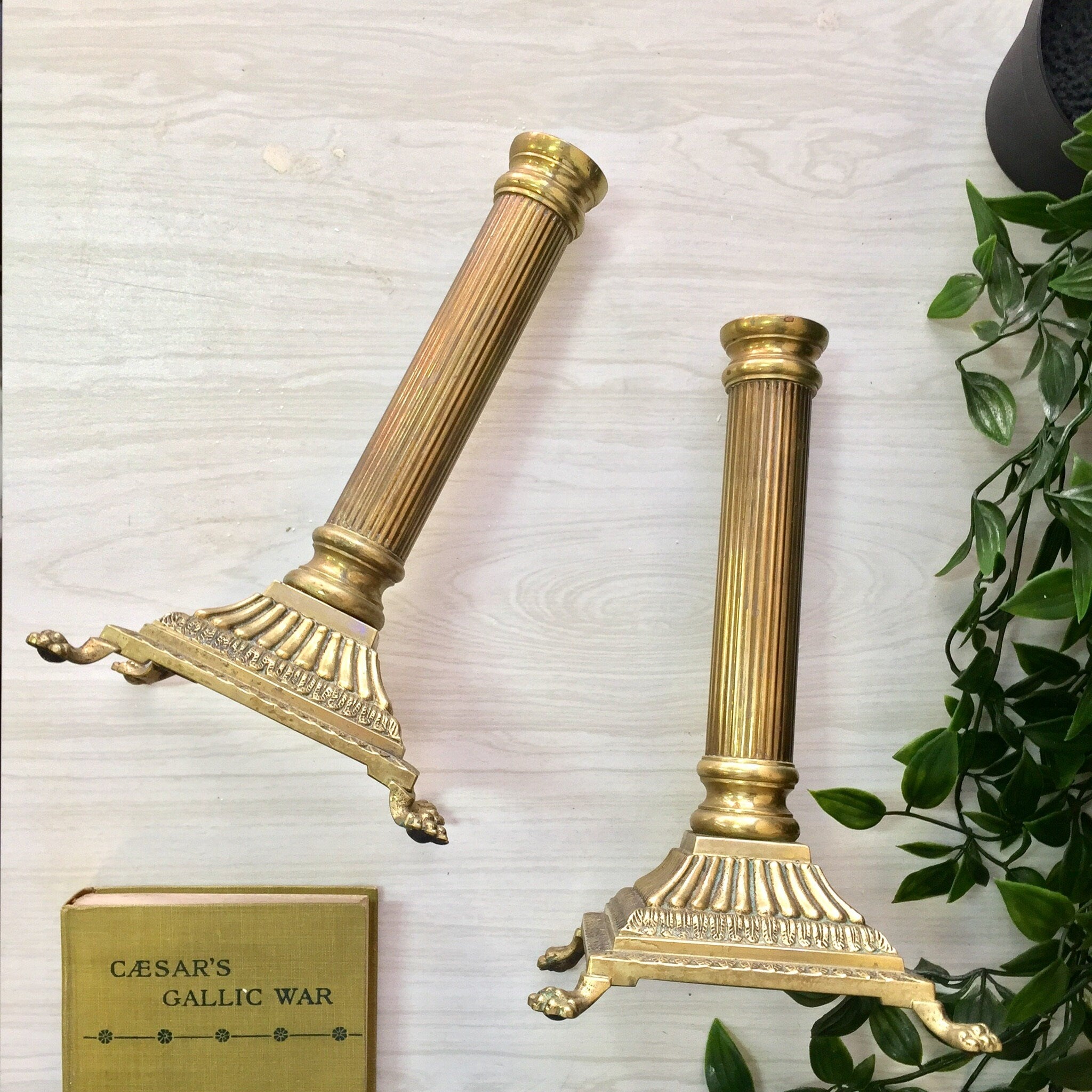 Vintage Candlesticks, Brass Candlesticks, JAL Brass, Portugal Bras, Claw Foot, Pillar Candlesticks, Portuguese Brass, Vintage Home Decor
