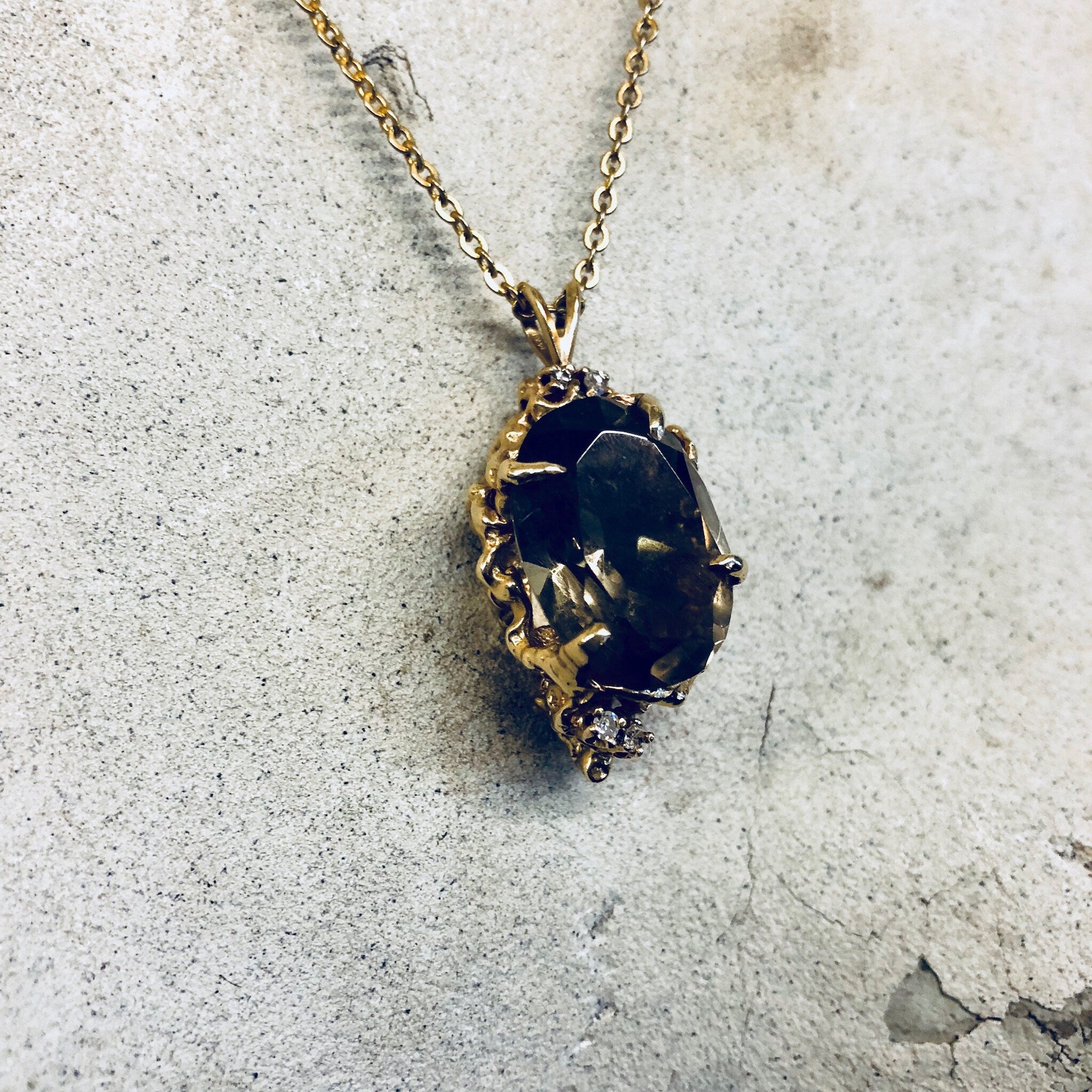 Vintage Gold Pendant, Smoky Quartz, 14 Karat Gold, 14K Gold, Yellow Gold, Quartz Jewelry, Vintage Jewelry, Vintage Necklace, Diamond, Gold