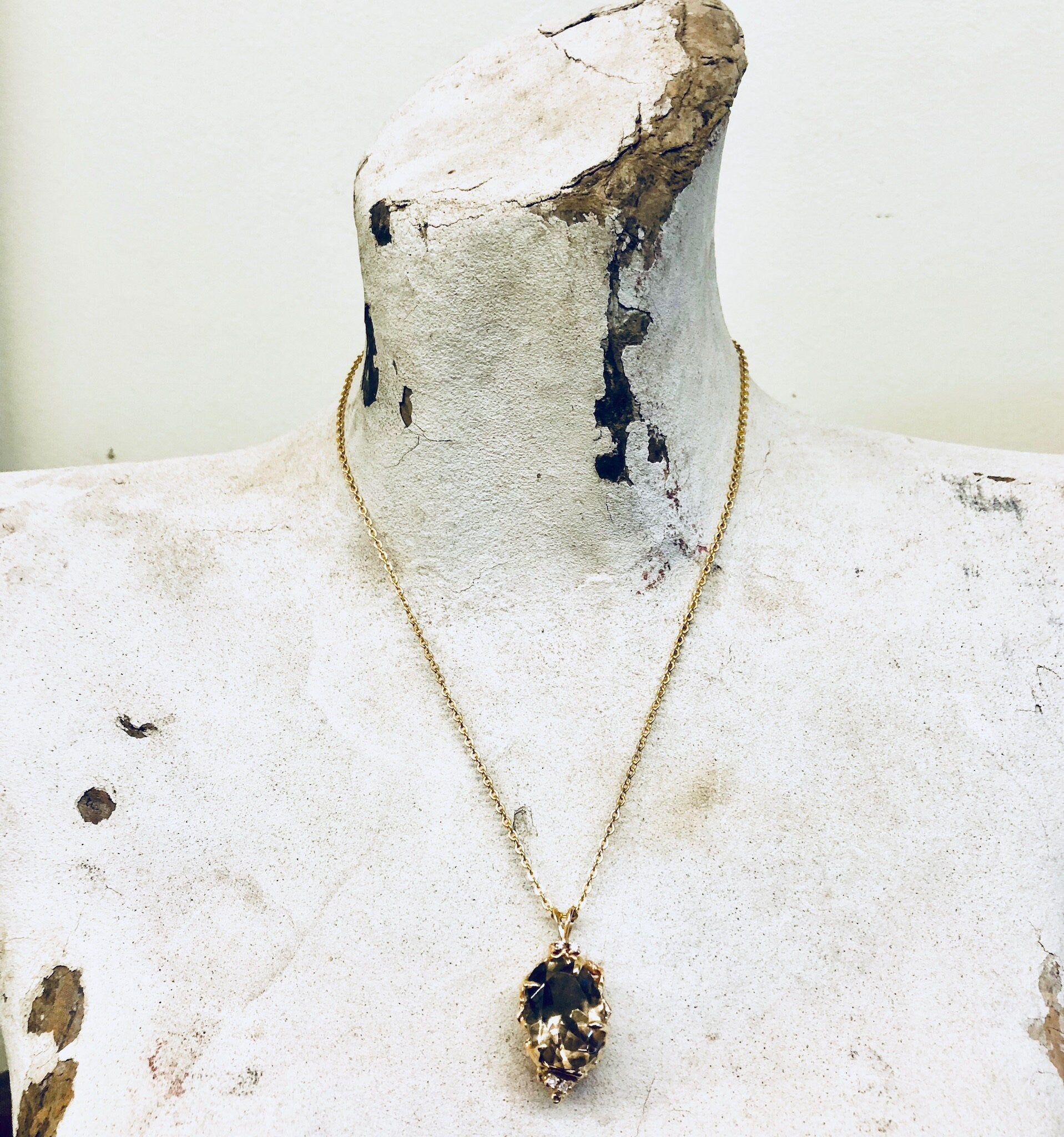 Vintage Gold Pendant, Smoky Quartz, 14 Karat Gold, 14K Gold, Yellow Gold, Quartz Jewelry, Vintage Jewelry, Vintage Necklace, Diamond, Gold