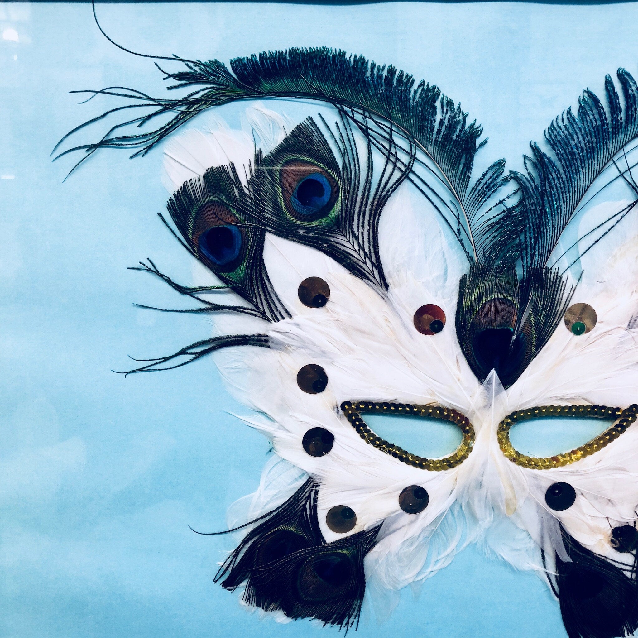 Masquerade Mask, Framed Art, Vintage Mask, Framed Mask, Gold Frame, Wall Art, Vintage Home Decor, Light Blue, Sky Blue, Peacock Feathers