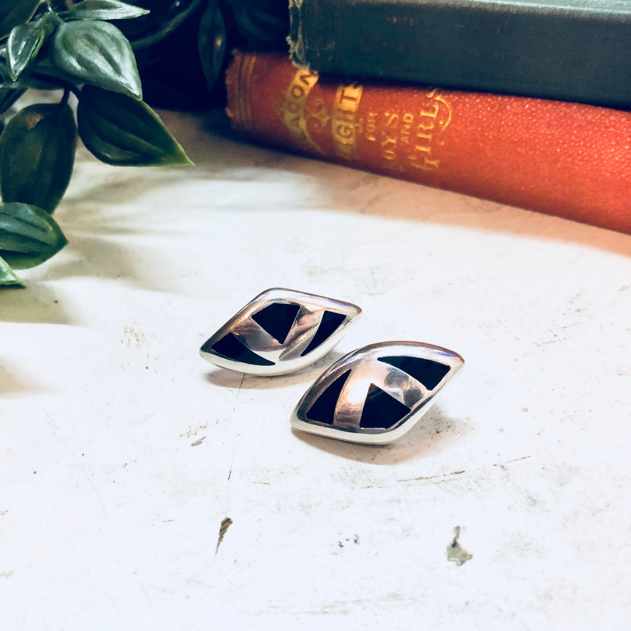 Taxco Earrings, Vintage, Sterling Silver, Black Onyx Stone, Earrings for Pierced Ears, Statement Jewelry