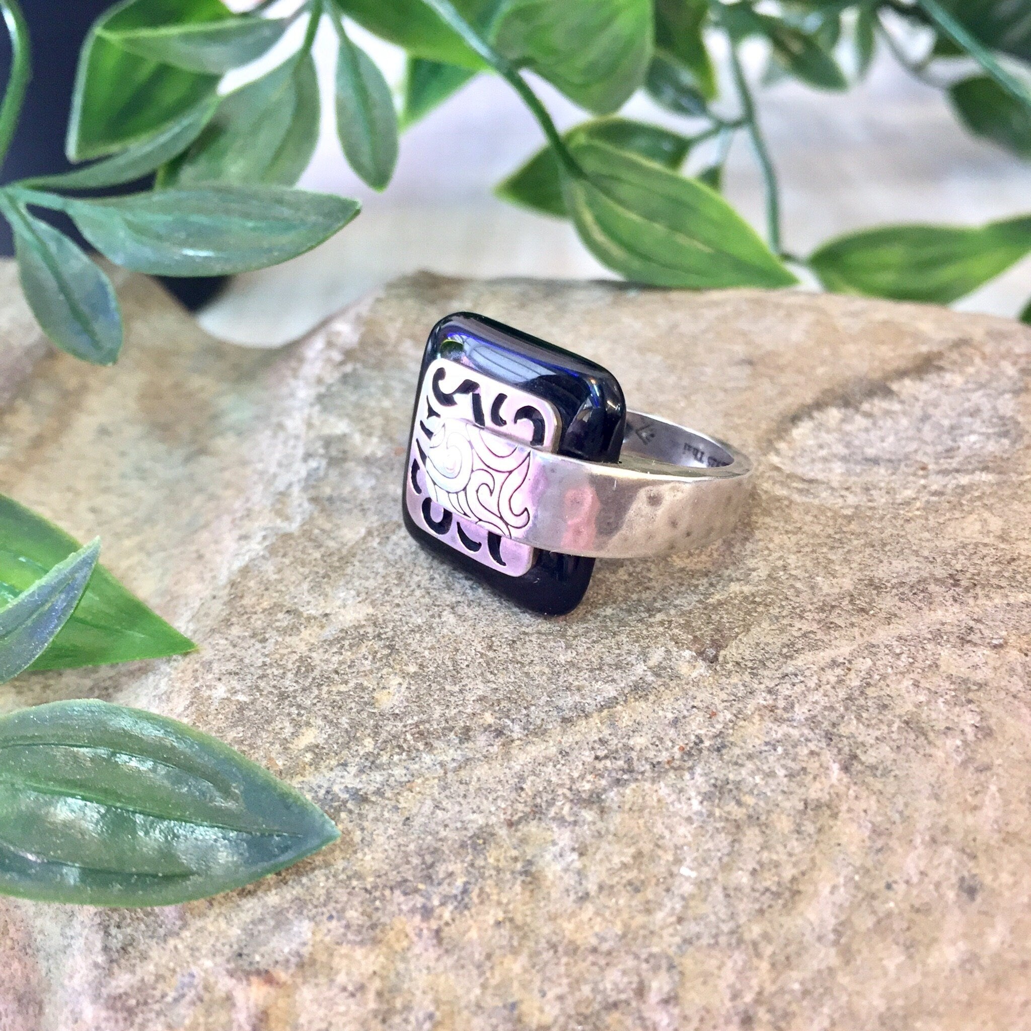 Vintage Silver Ring, Black Ring, Sterling Silver, Vintage Jewelry, Thai Jewelry, Asian Jewelry, Silver and Black, Statement Ring,Square Ring
