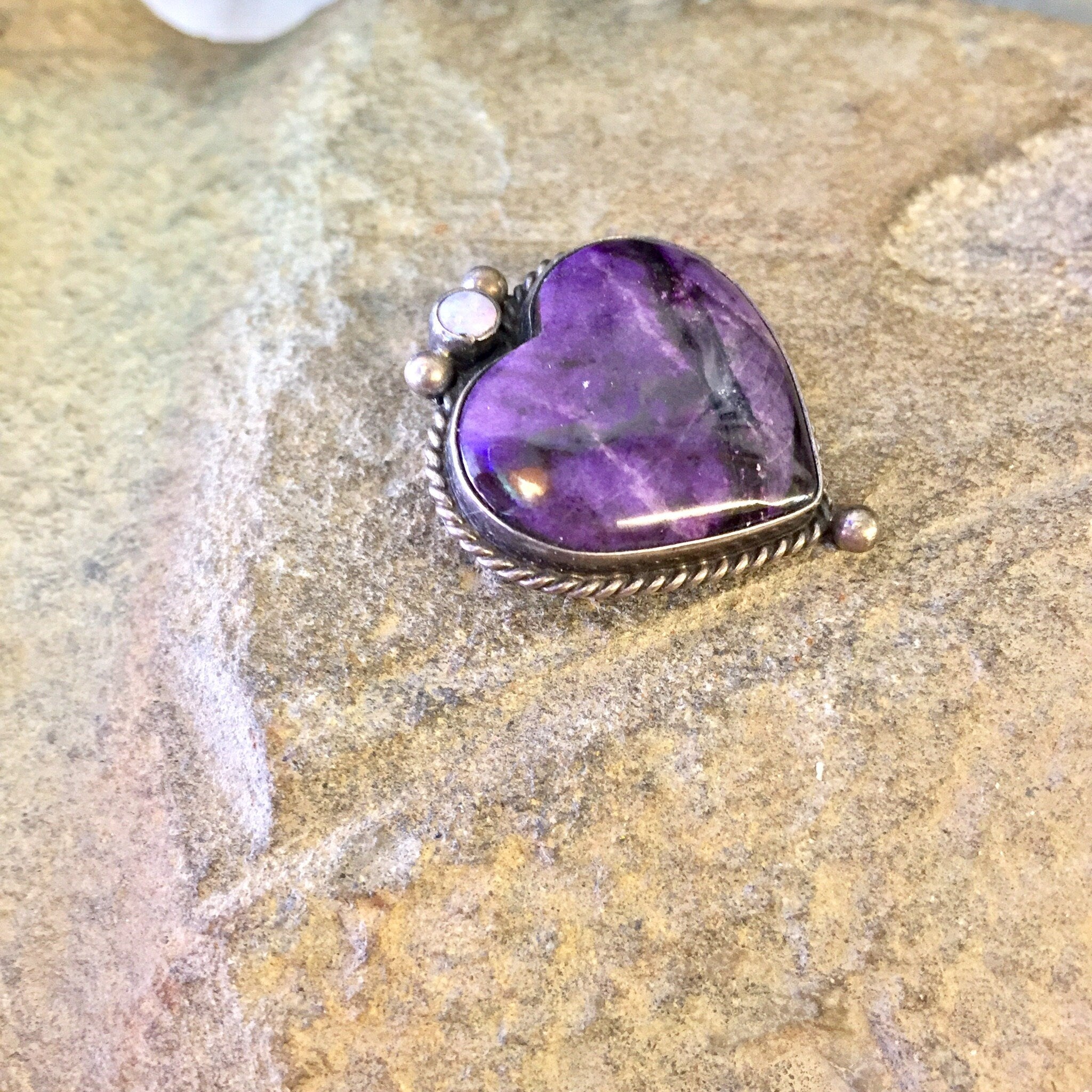 Vintage Silver Brooch, Heart Brooch, Charoite Jewelry, Purple Jewelry, Vintage Brooch, Vintage Pin, Vintage Jewelry, Opal Jewelry, Heart