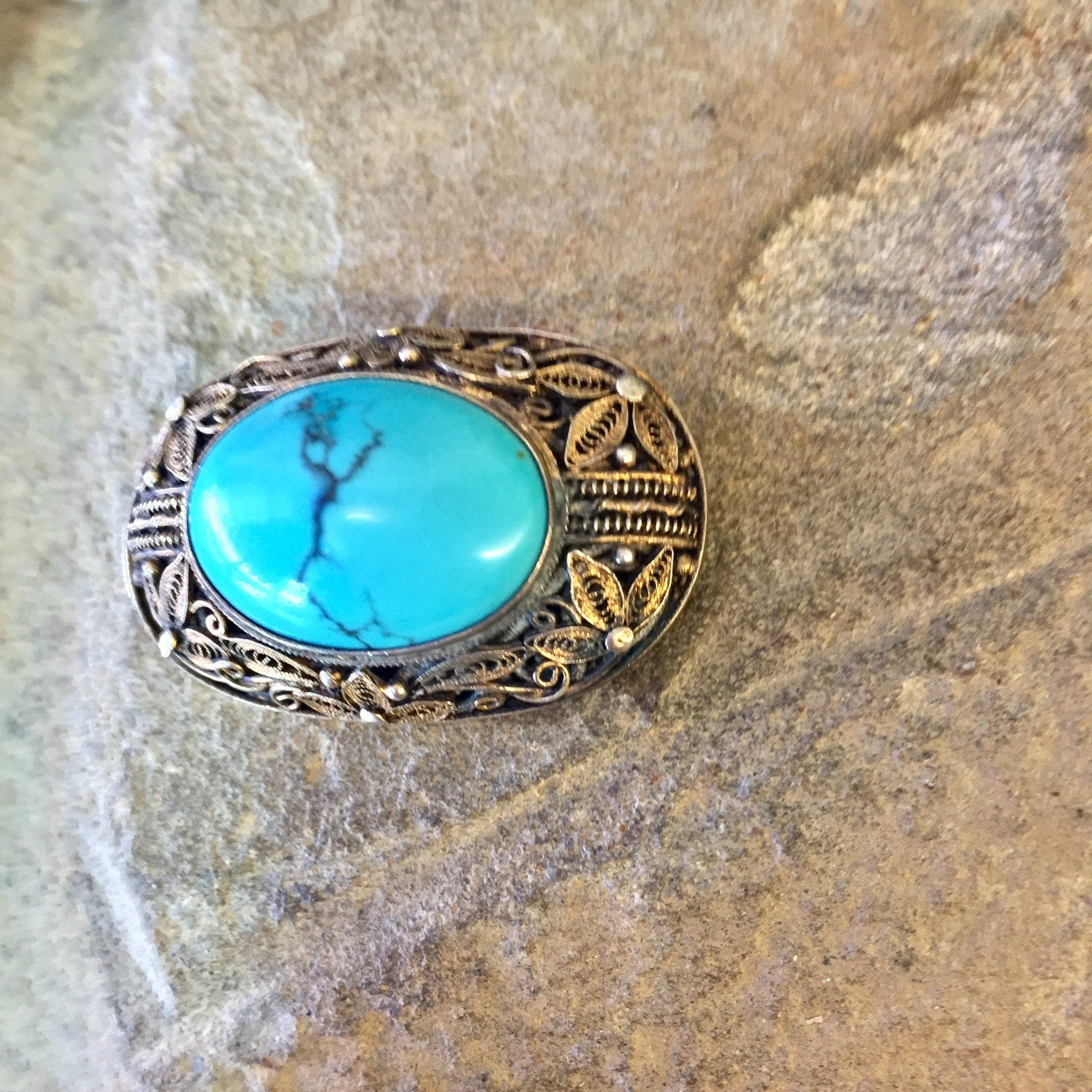 Vintage Silver Brooch, Turquoise Brooch, Blue Jewelry, Vintage Jewelry, Turquoise, Floral Brooch, Flowers, Leaves, Filagree, Vintage Pin