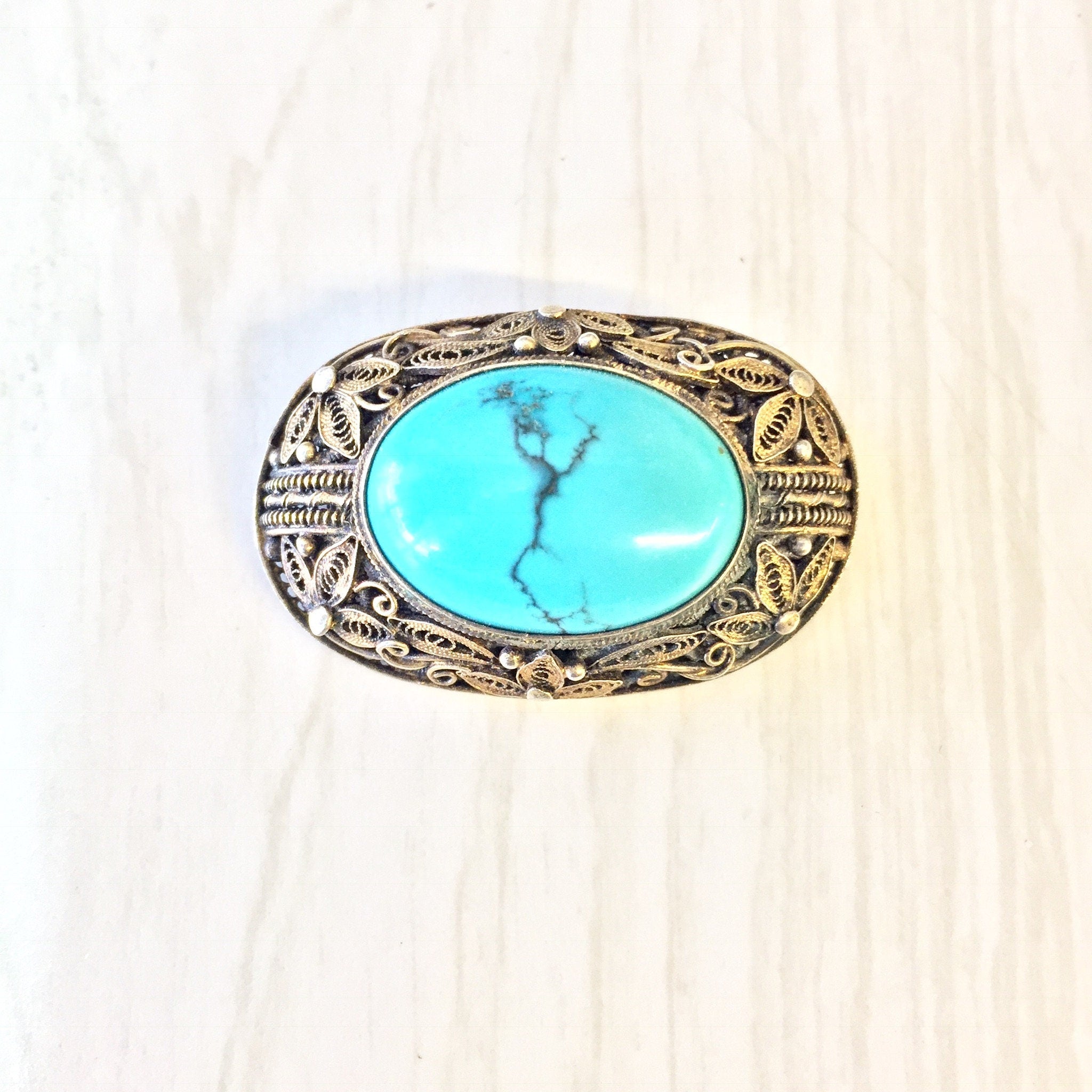 Vintage Silver Brooch, Turquoise Brooch, Blue Jewelry, Vintage Jewelry, Turquoise, Floral Brooch, Flowers, Leaves, Filagree, Vintage Pin