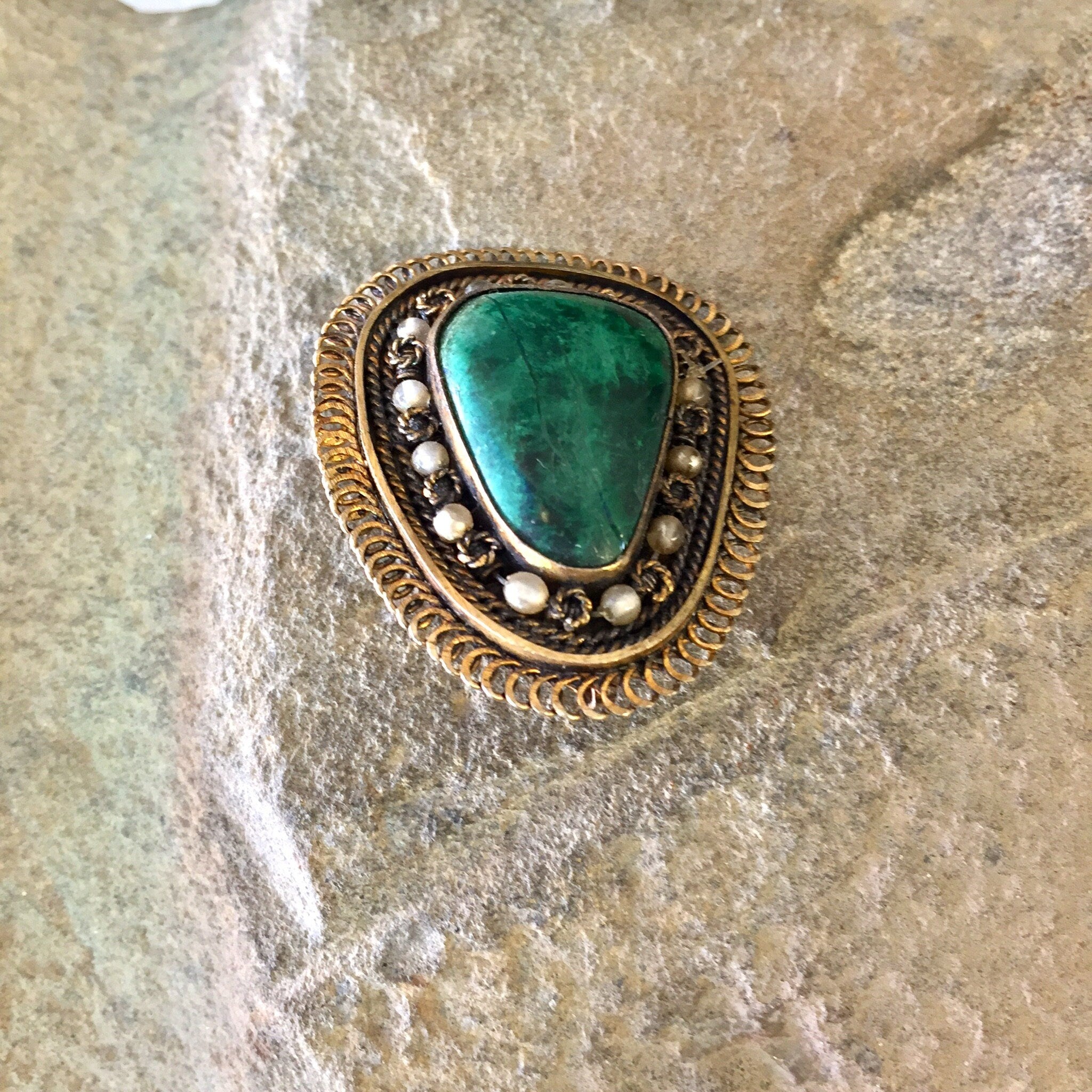 Vintage Silver Brooch, Sterling Silver, Vintage Jewelry, Pendant, Vintage Pin, Green Turquoise, Turquoise Jewelry, Beaded Brooch, Green,