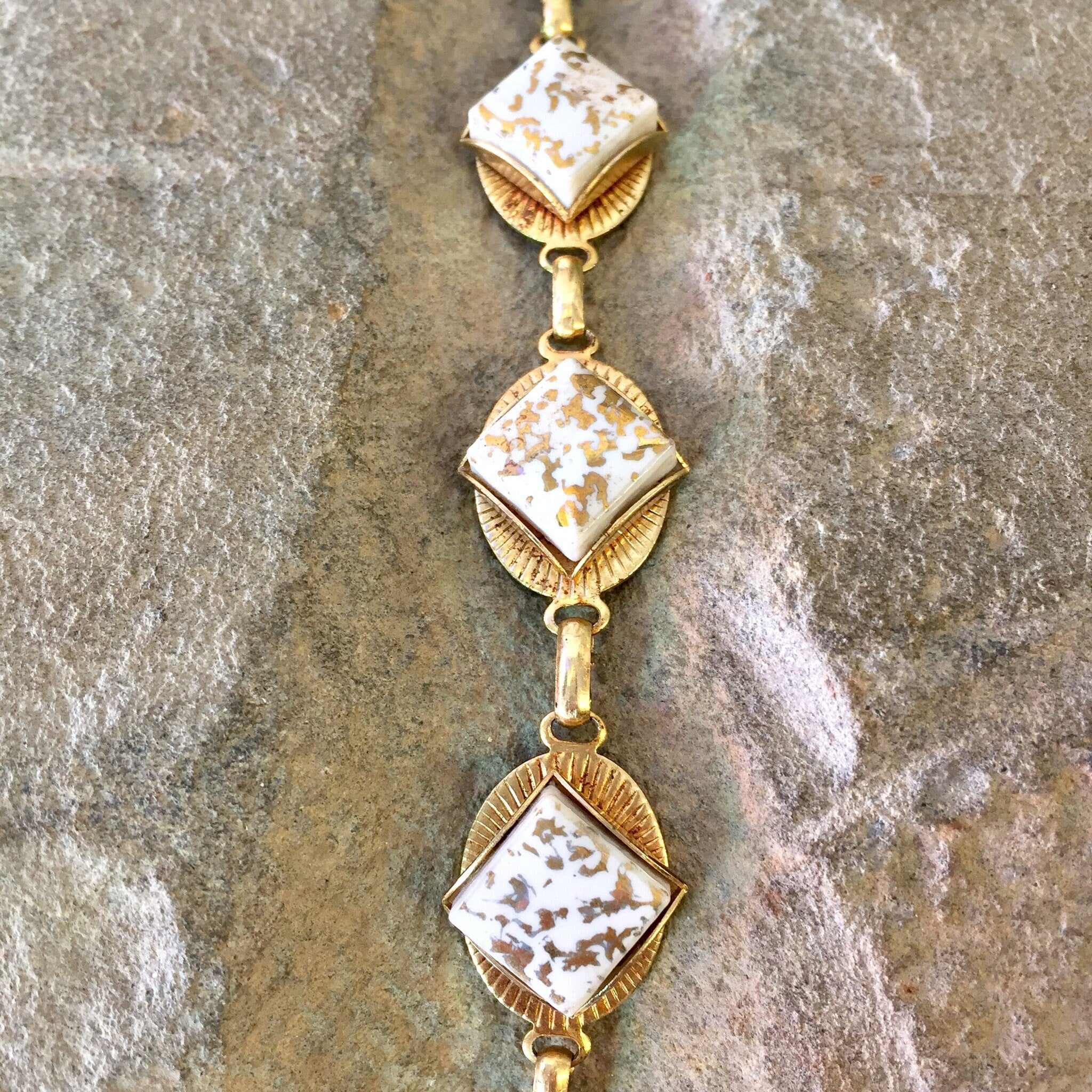 Vintage Gold Bracelet, Gold Toned Bracelet, Vintage Jewelry, Costume Jewelry, White and Gold, Sparkles, Art Deco Jewelry, Link Bracelet,