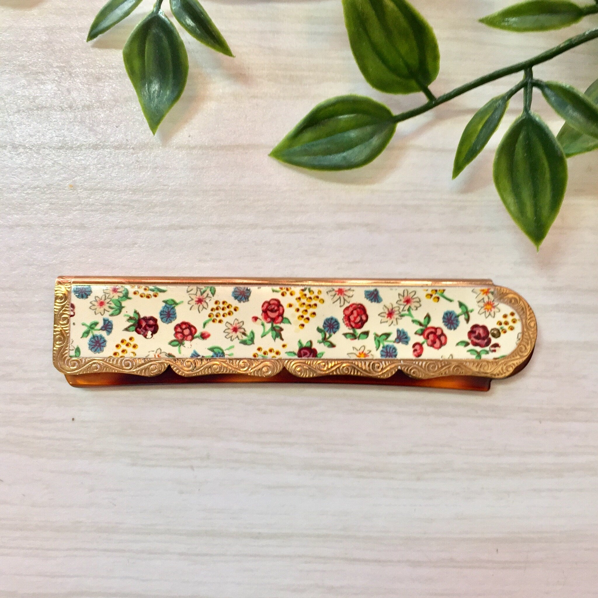 Vintage Pocket Comb, Stratton Comb, Folding Comb, Floral Comb, Made in Stratton England, Flowers, Floral Print, Small, Metal, Travel Size
