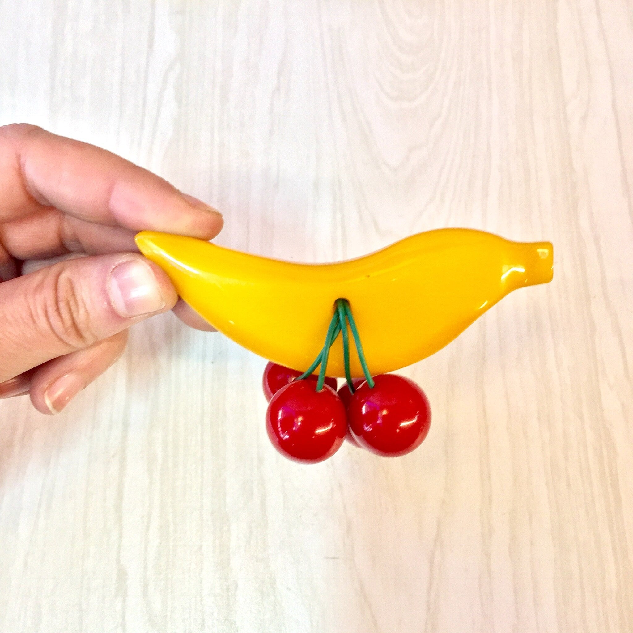 Shultz Bakelite Brooch, Shultz Bakelite, Bakelite Banana, Banana and Cherries, Yellow, Red, Rare Shultz Bakelite, Vintage Jewelry, Pin,