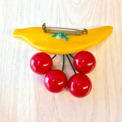 Shultz Bakelite Brooch, Shultz Bakelite, Bakelite Banana, Banana and Cherries, Yellow, Red, Rare Shultz Bakelite, Vintage Jewelry, Pin,
