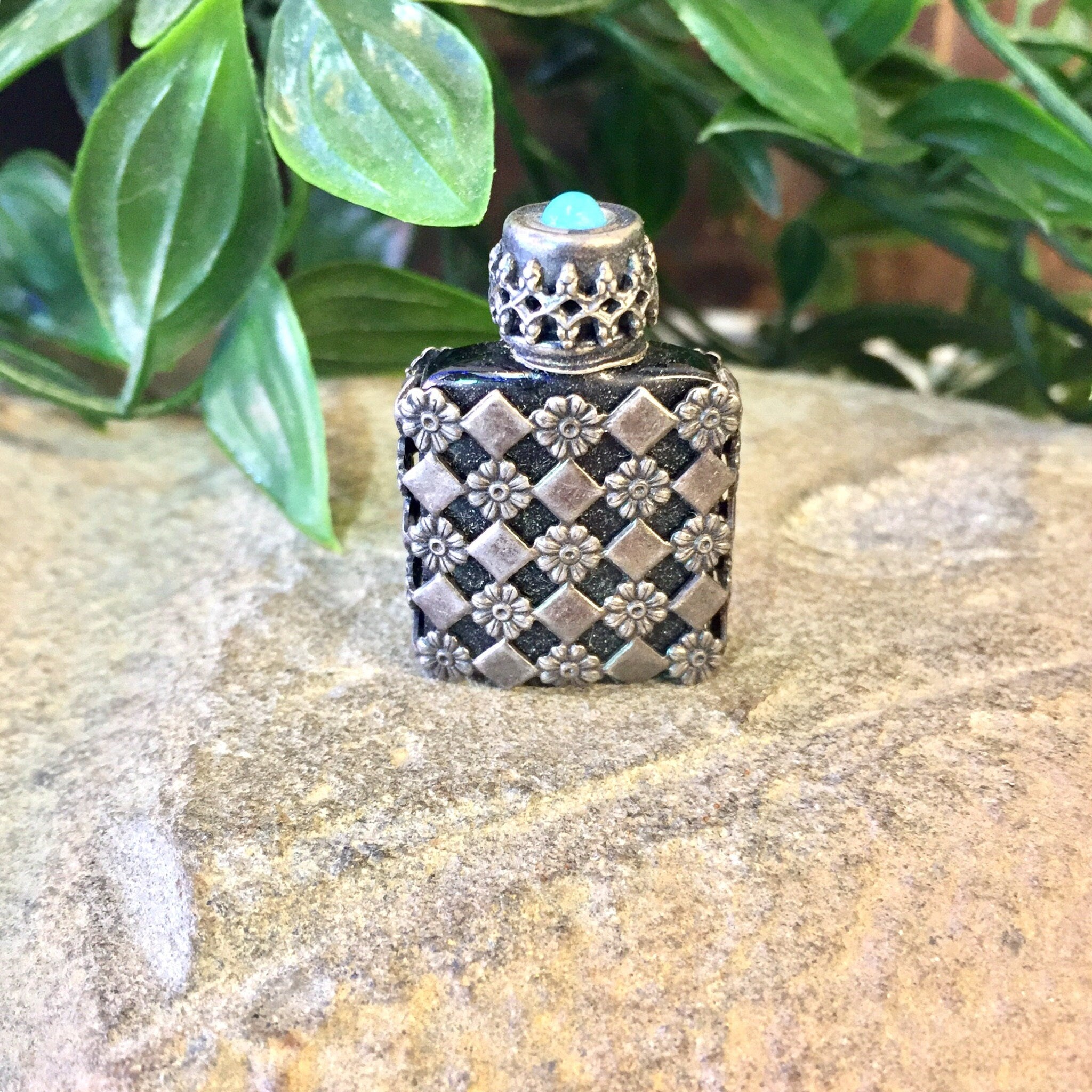 Vintage Perfume Bottle, Small Vintage Bottle, Sterling Silver Bottle, Vintage Bottle, Mini Bottle, Flowers, Turquoise, Silver and Glass