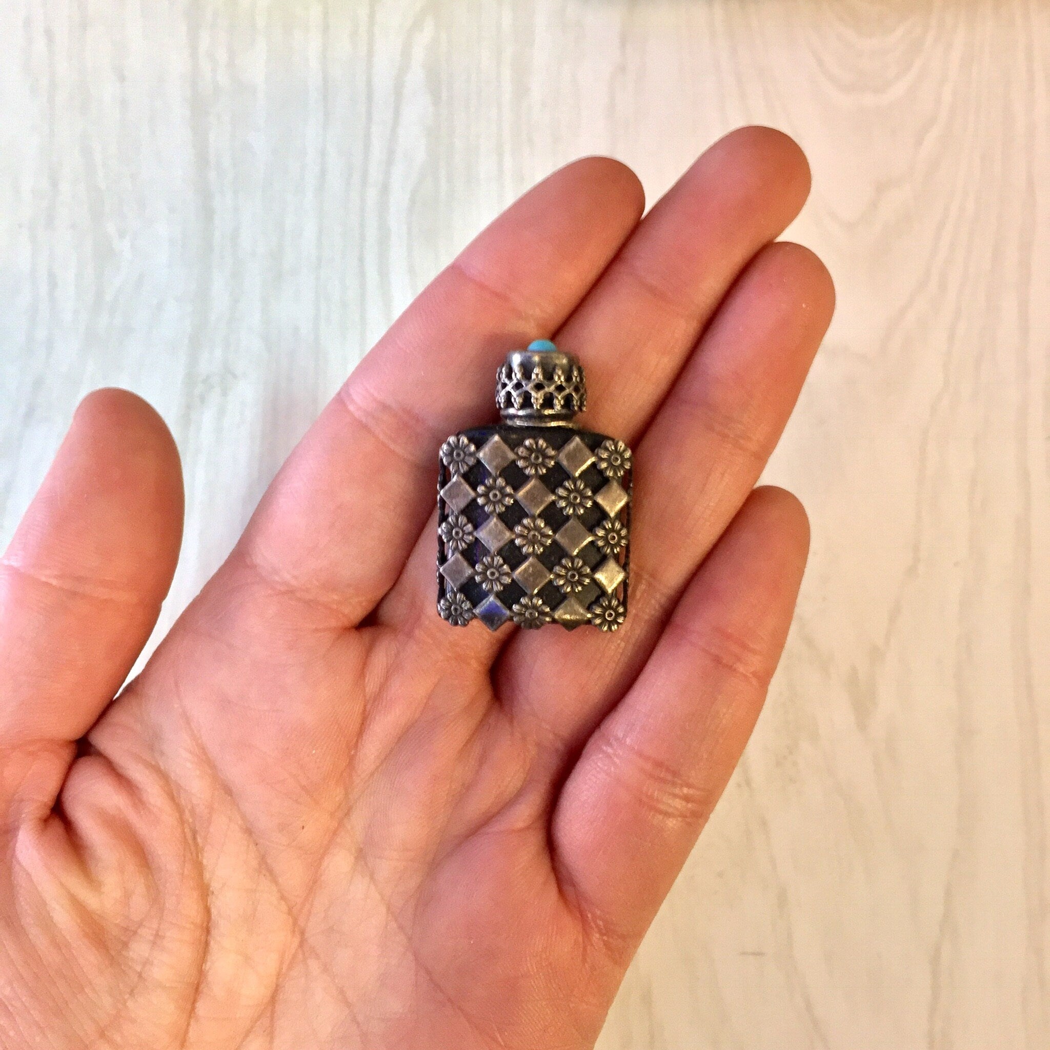 Vintage Perfume Bottle, Small Vintage Bottle, Sterling Silver Bottle, Vintage Bottle, Mini Bottle, Flowers, Turquoise, Silver and Glass