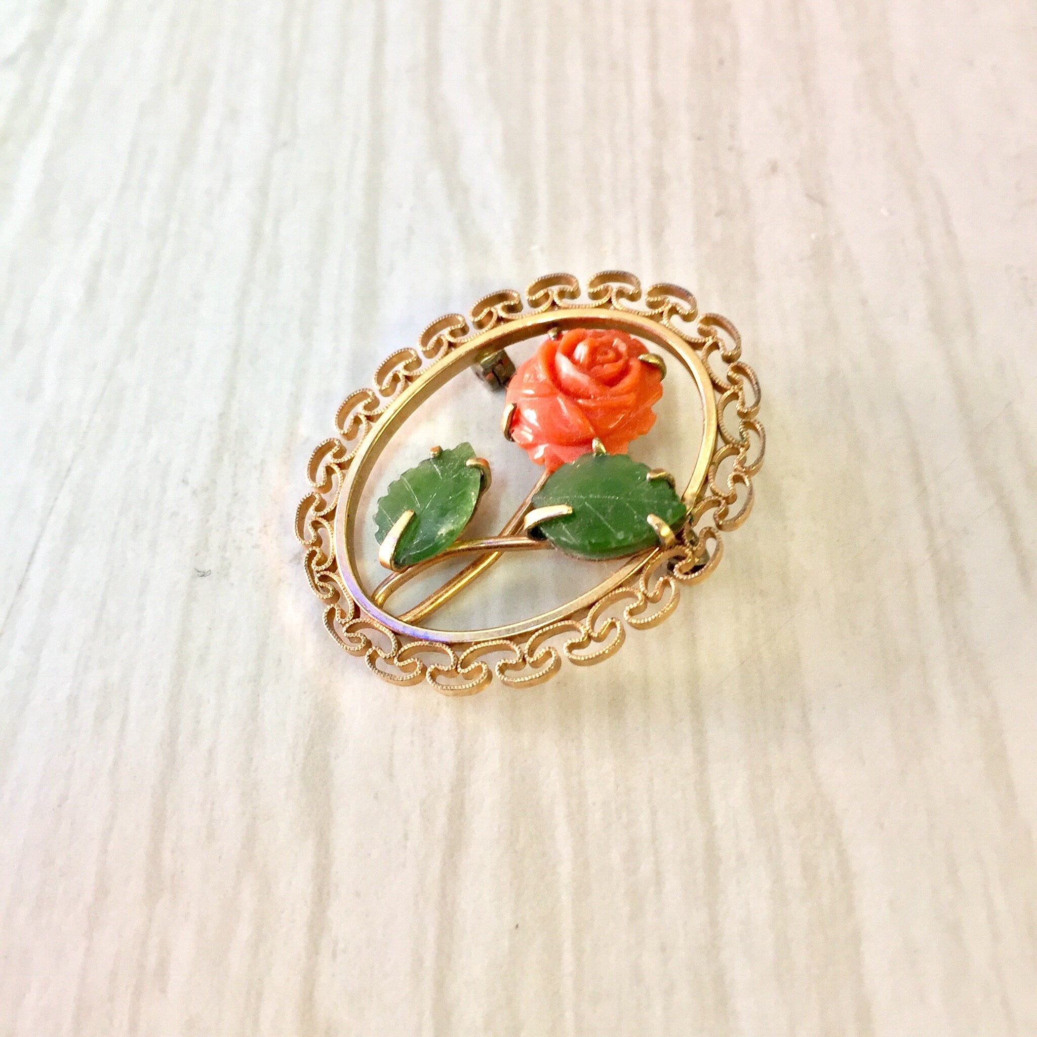 Vintage Krementz Brooch, Krementz Rose Brooch, Krementz Jewelry, Brooch, Rose Brooch, Gold Toned Brooch, Floral Pin, Rose, Pink, Gold, Green