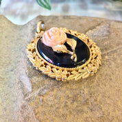 Vintage Cameo Pendant, Cameo Jewelry, Cameo Rose, Gold Toned Pendant, Rose Pendant, Avon Jewelry, Mirror Pendant, Gold, Black, Pink, Rose