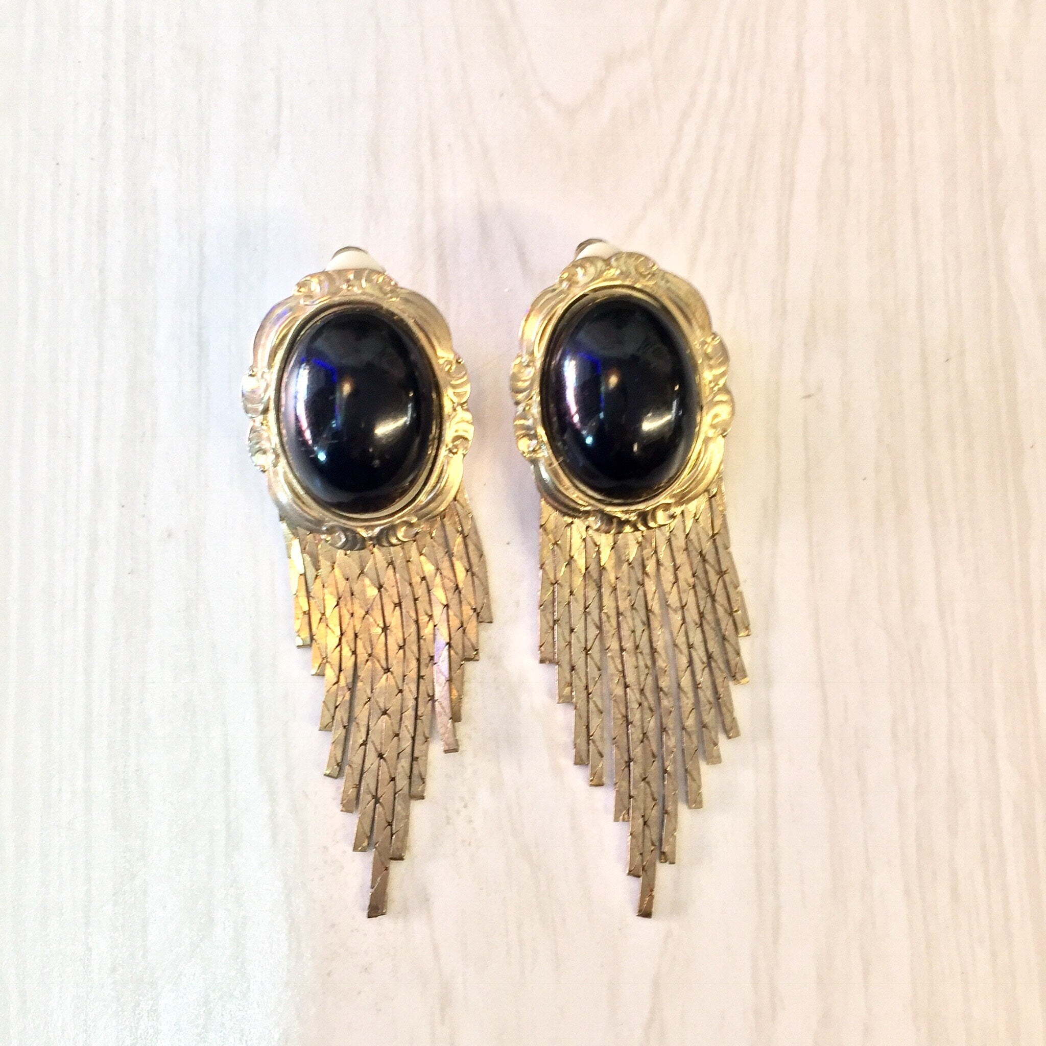 Vintage Clip On Earrings, Vintage Jewelry, Clip On Earrings, Dangle Earrings, Black, Silver, Silver Tone Jewelry, Statement Jewelry,Earrings