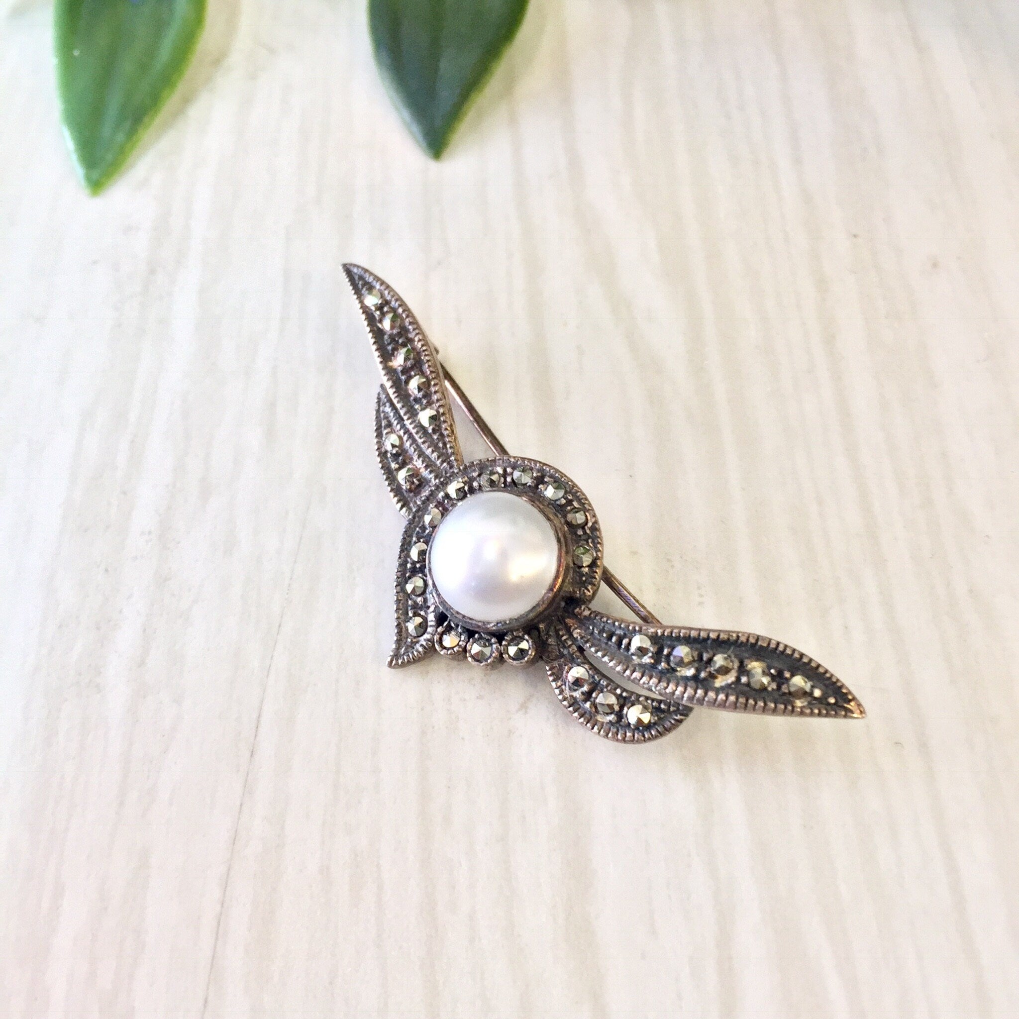 Vintage Silver Brooch, Sterling Silver, Vintage Jewelry, Vintage Pin, Marcasite Brooch, Pearl Jewelry, Winged Brooch, Wings, Faux Pearl,