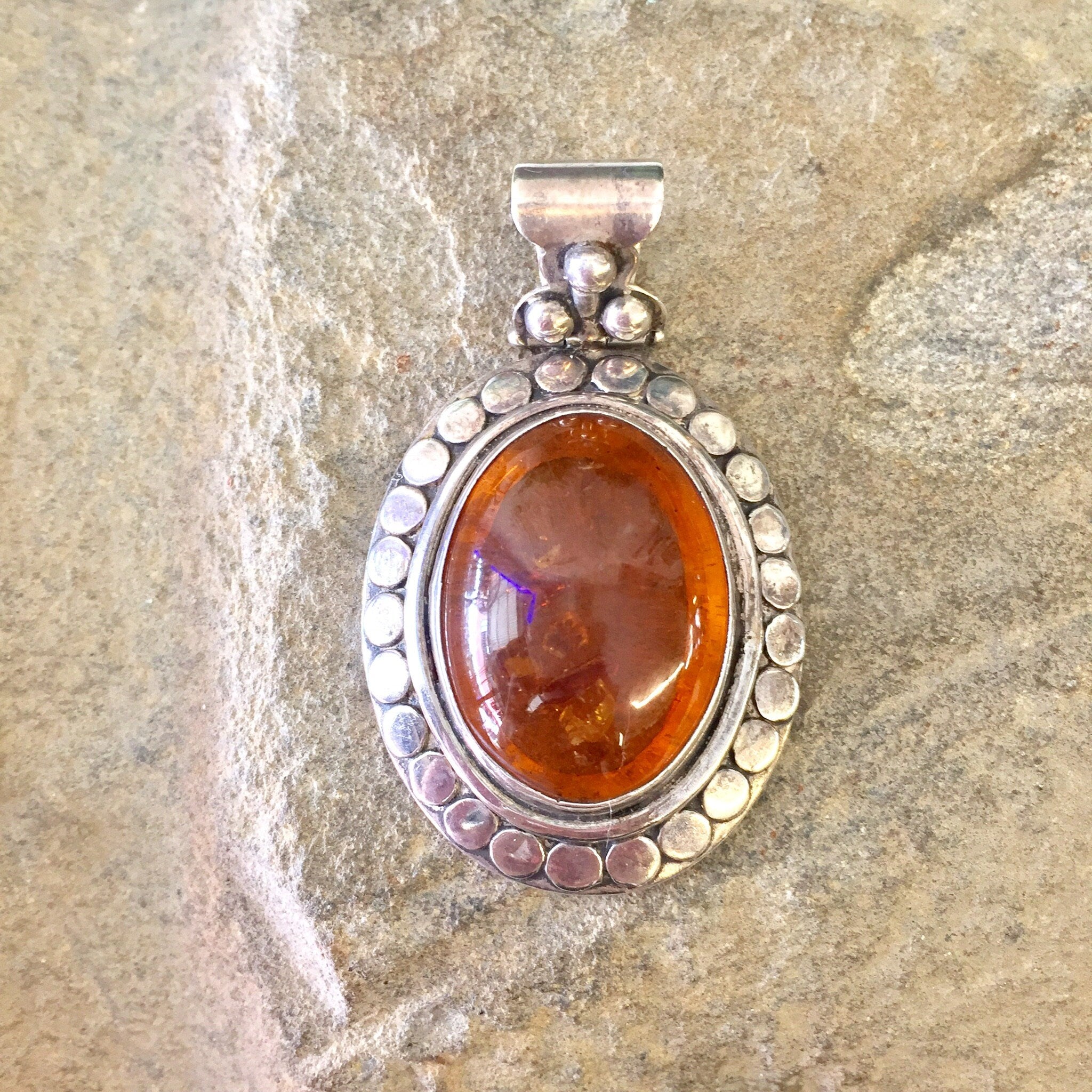 Vintage Silver Pendant, Amber Pendant, Sterling Silver, Vintage Jewelry, Pendant Necklace, Orange, Amber, Hinged Pendant, Oval Pendant, Gift