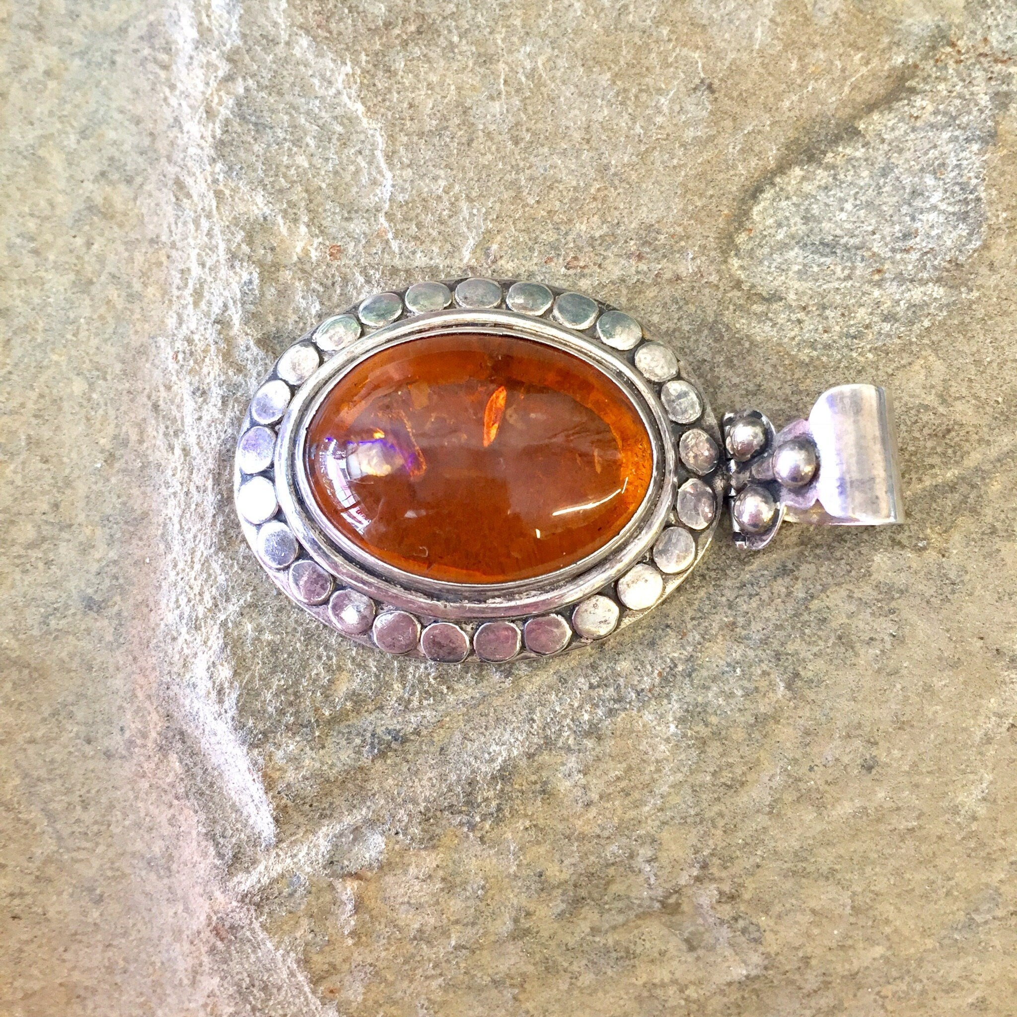 Vintage Silver Pendant, Amber Pendant, Sterling Silver, Vintage Jewelry, Pendant Necklace, Orange, Amber, Hinged Pendant, Oval Pendant, Gift