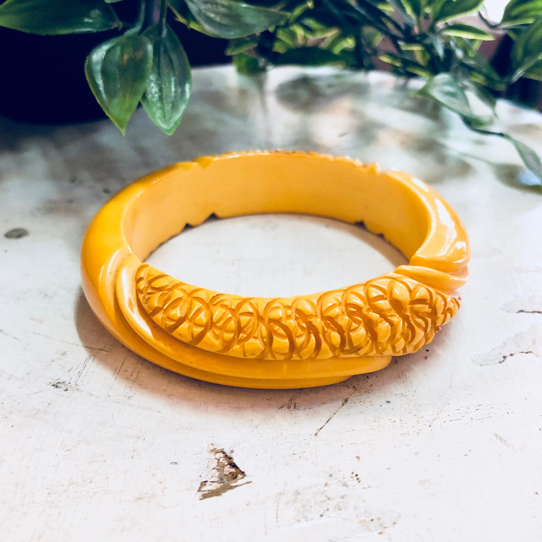 Celluloid Bracelet, Yellow Celluloid, Carved Celluloid, Bangle Bracelet, Vintage Jewelry, Vintage Bracelet, Carved Jewelry, Yellow Jewelry