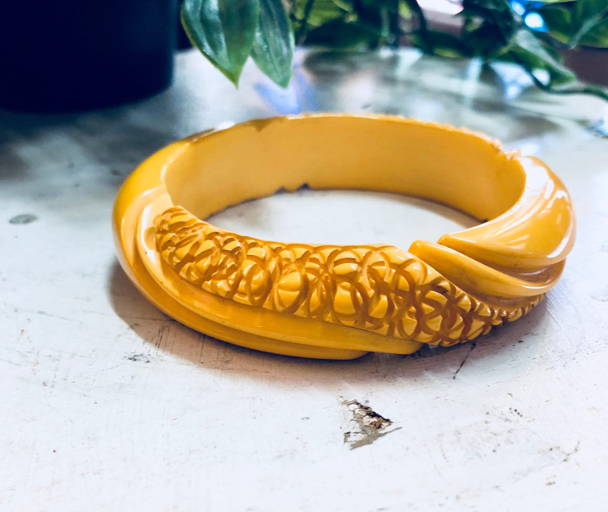 Celluloid Bracelet, Yellow Celluloid, Carved Celluloid, Bangle Bracelet, Vintage Jewelry, Vintage Bracelet, Carved Jewelry, Yellow Jewelry