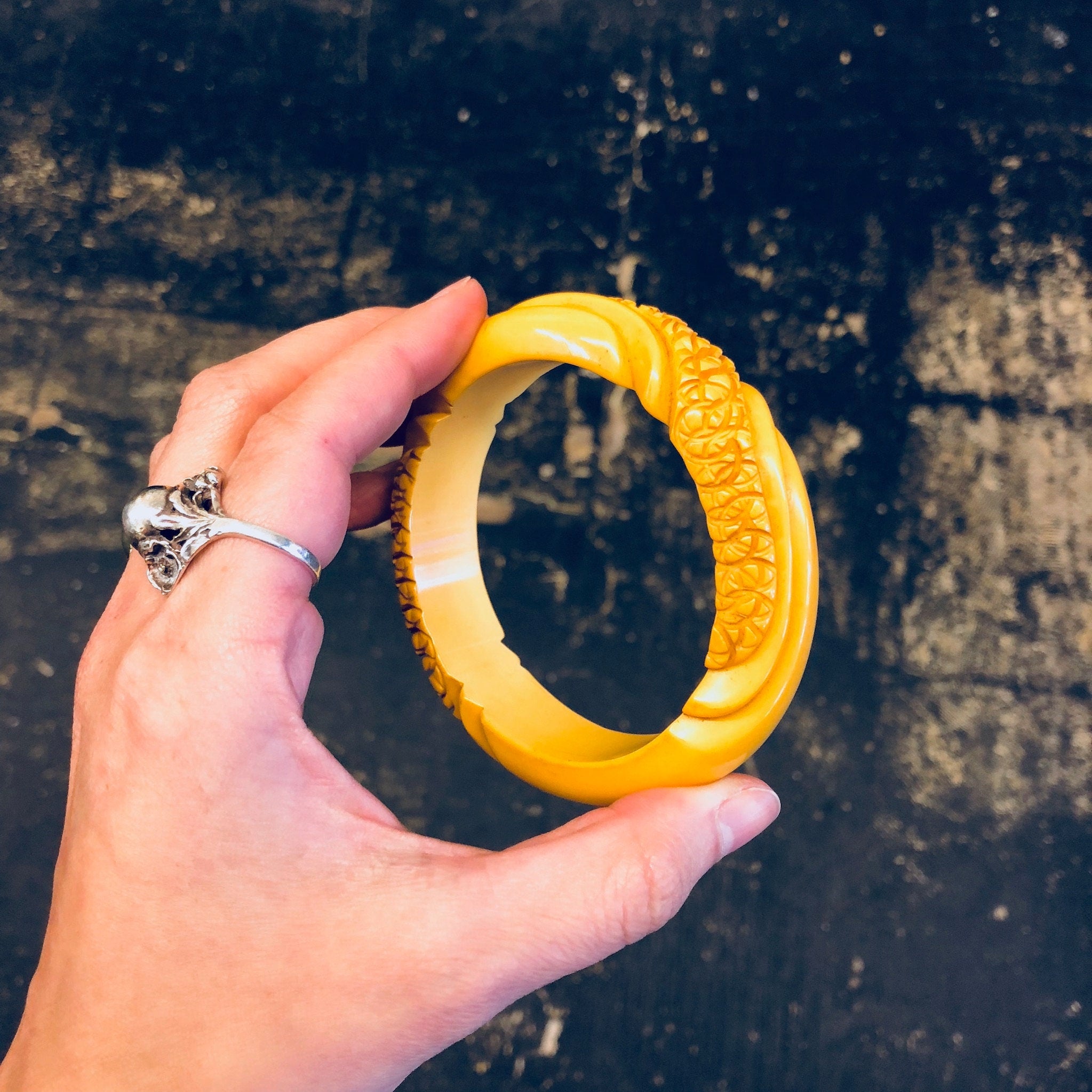 Celluloid Bracelet, Yellow Celluloid, Carved Celluloid, Bangle Bracelet, Vintage Jewelry, Vintage Bracelet, Carved Jewelry, Yellow Jewelry